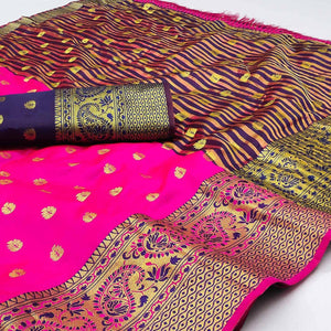 Magenta Pink Woven Jacquard Saree With Tassels