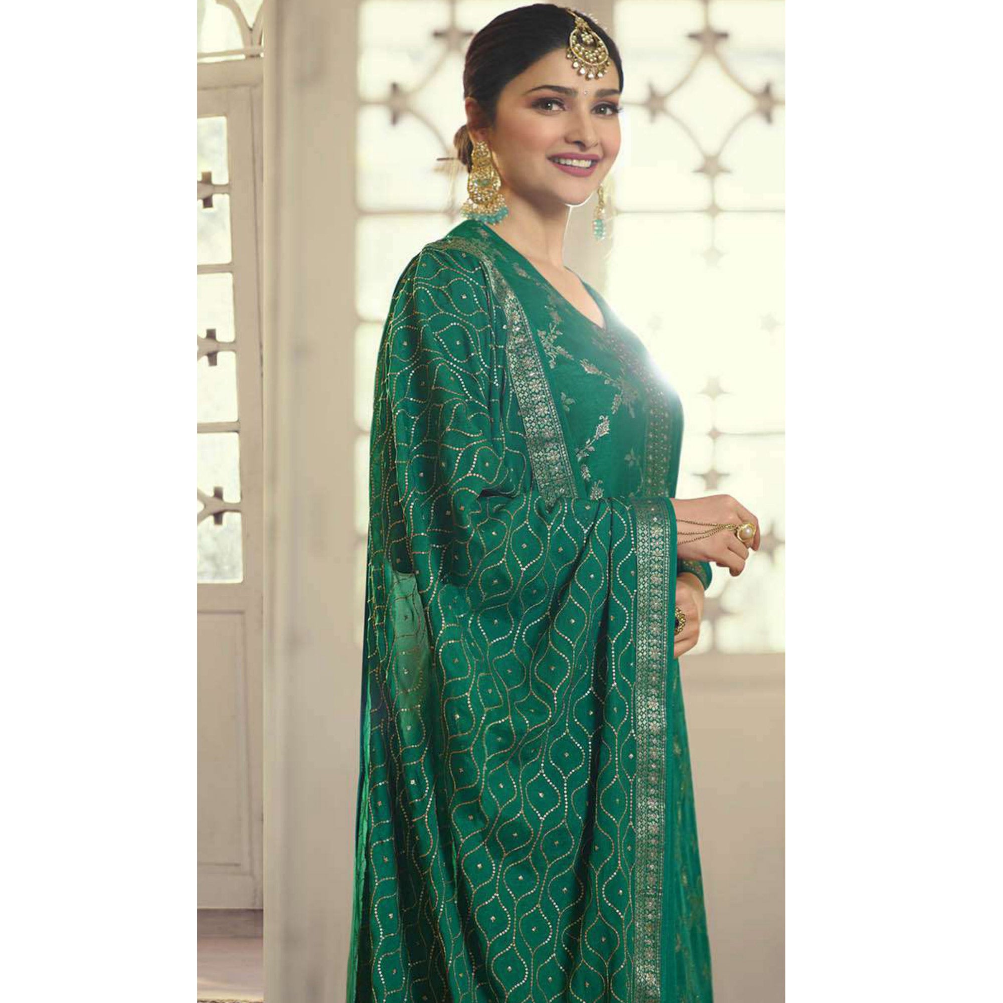 Green Embroidered Dola Silk Palazzo Suit