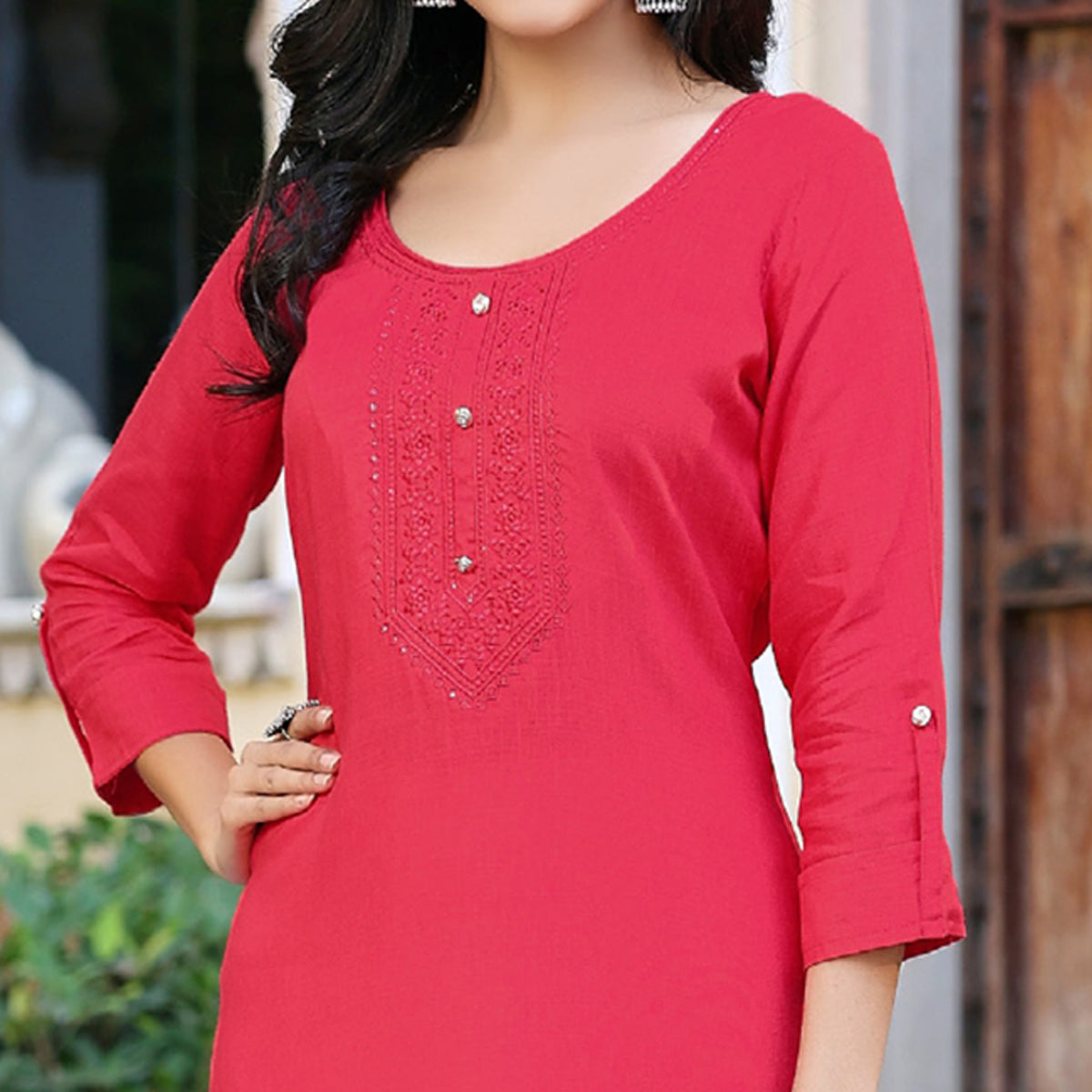 Pink Embroidered Rayon Kurti