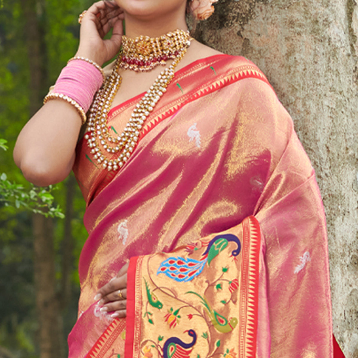 Pink Woven Art Silk Paithani Saree With Tassels