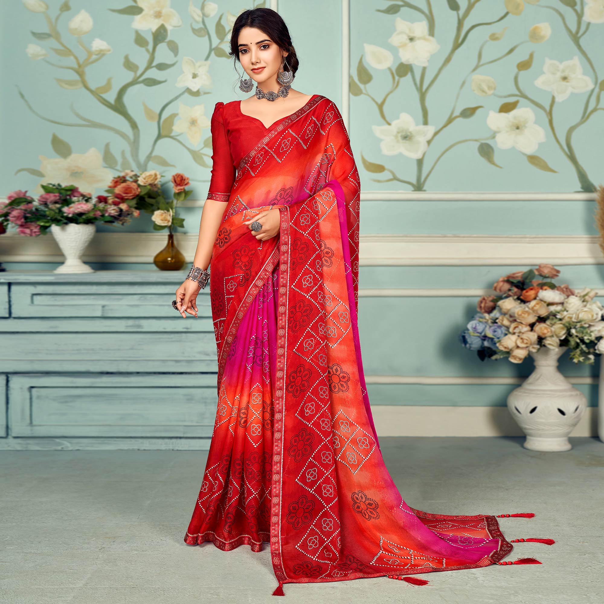 Red Digital Bandhani Printed Chiffon Saree With Tassels