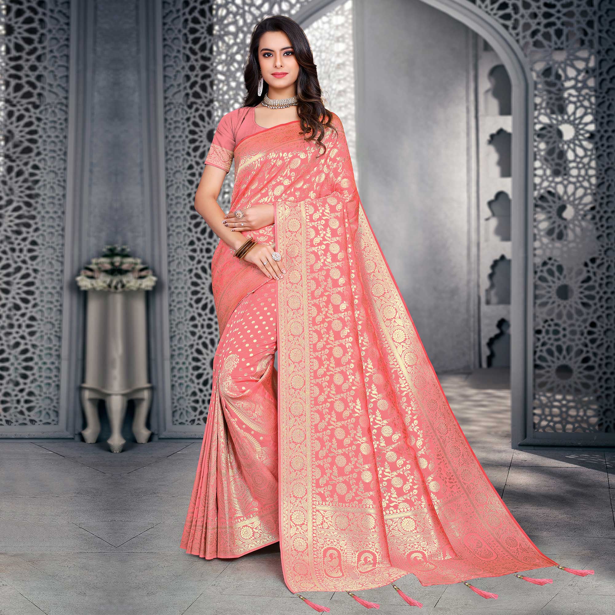 Peach Woven Banarasi Silk Saree