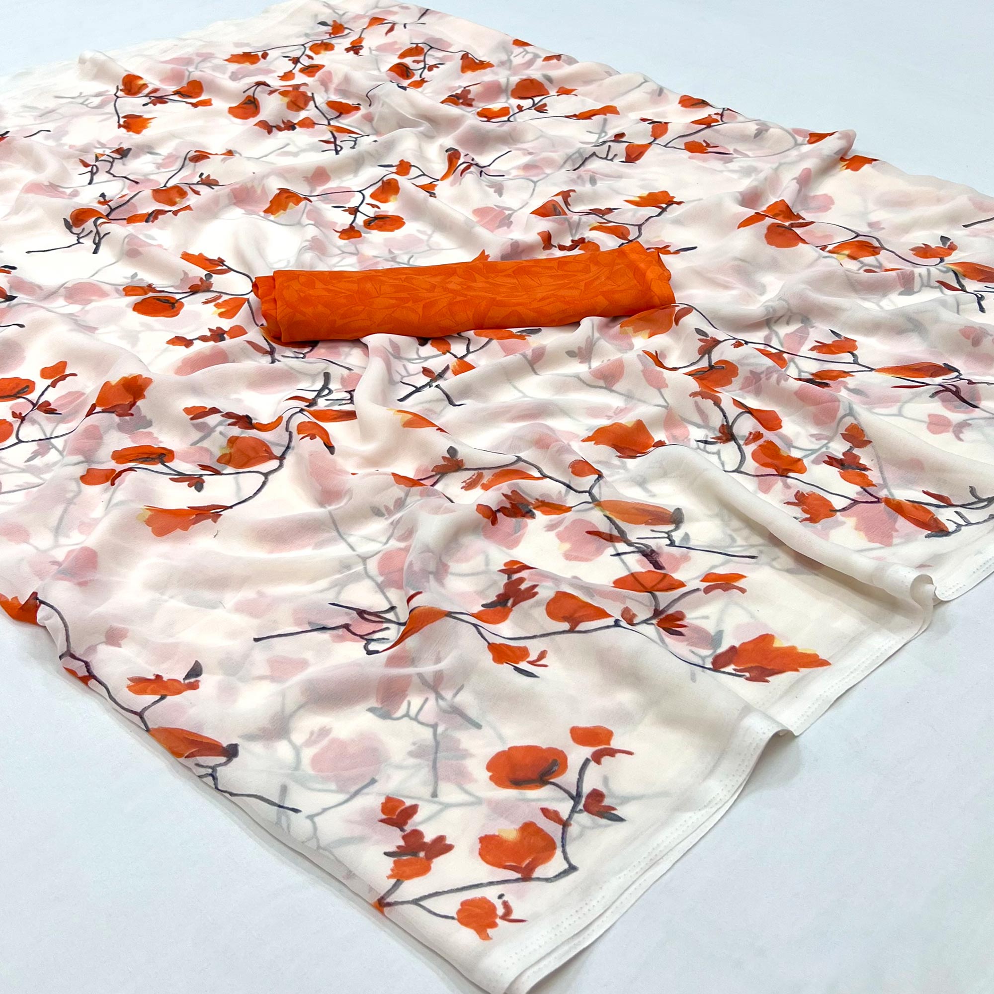 White Orange Floral Printed Georgette Saree