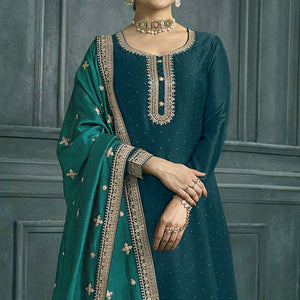 Aqua Blue Embroidered Georgette Semi Stitched Palazzo Suit