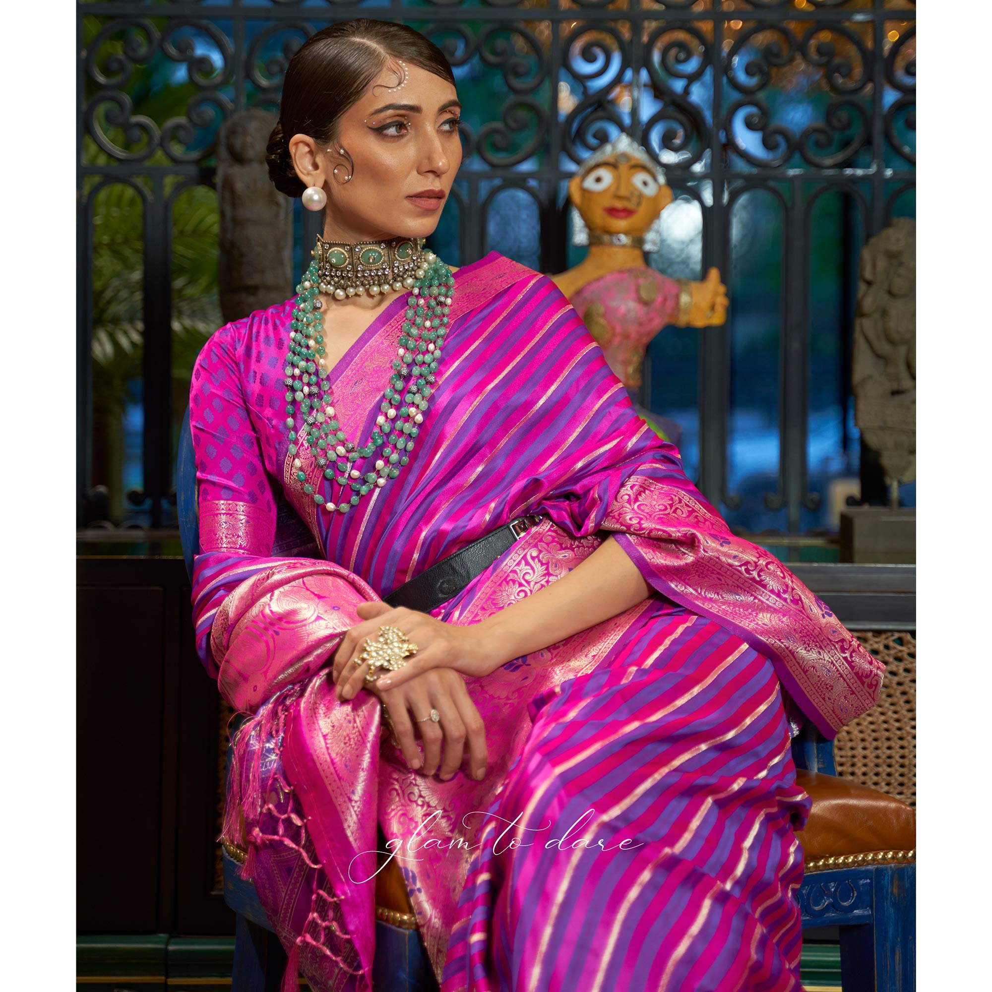 Magenta Pink Woven Satin Saree With Tassels