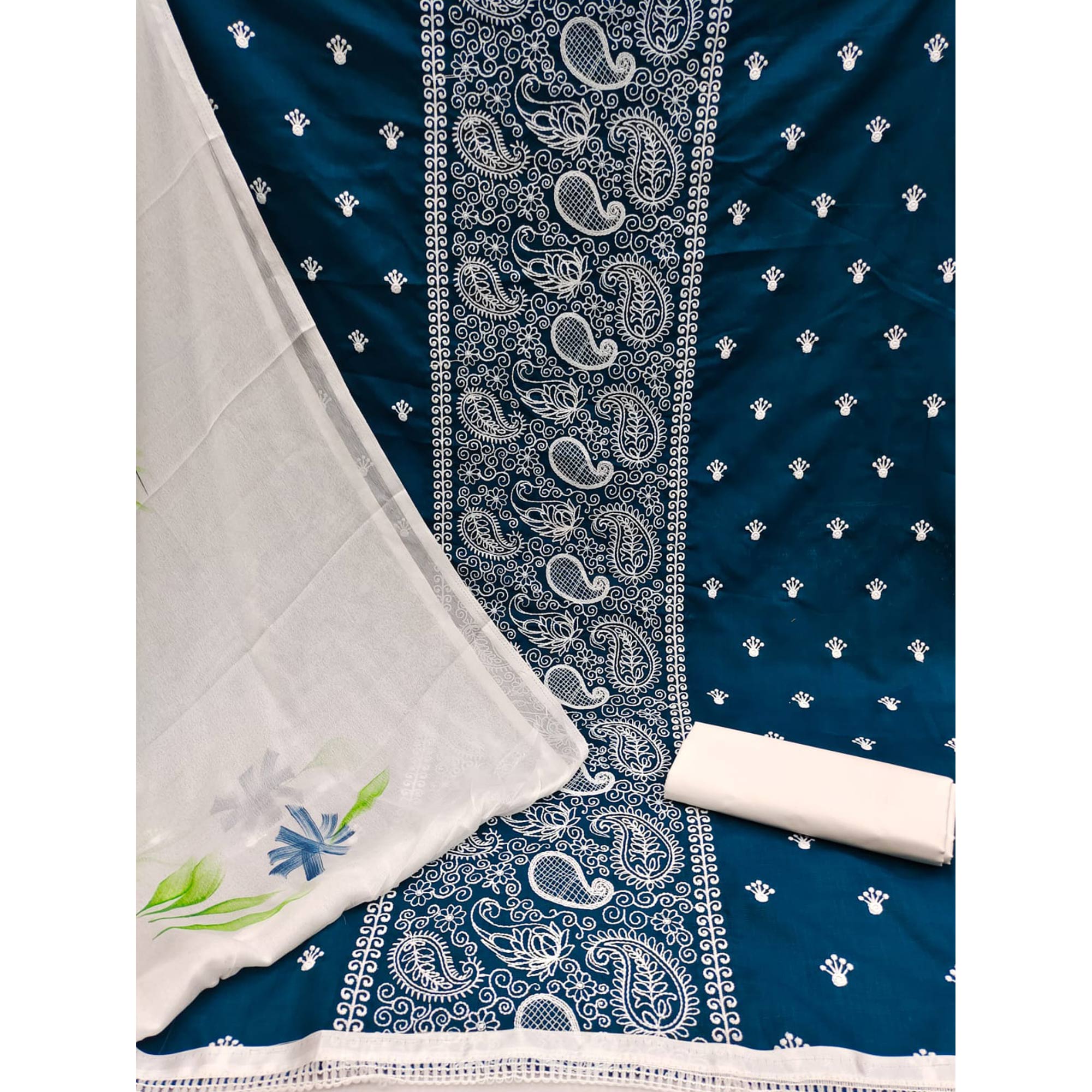 Teal Blue Embroidered Cotton Blend Dress Material