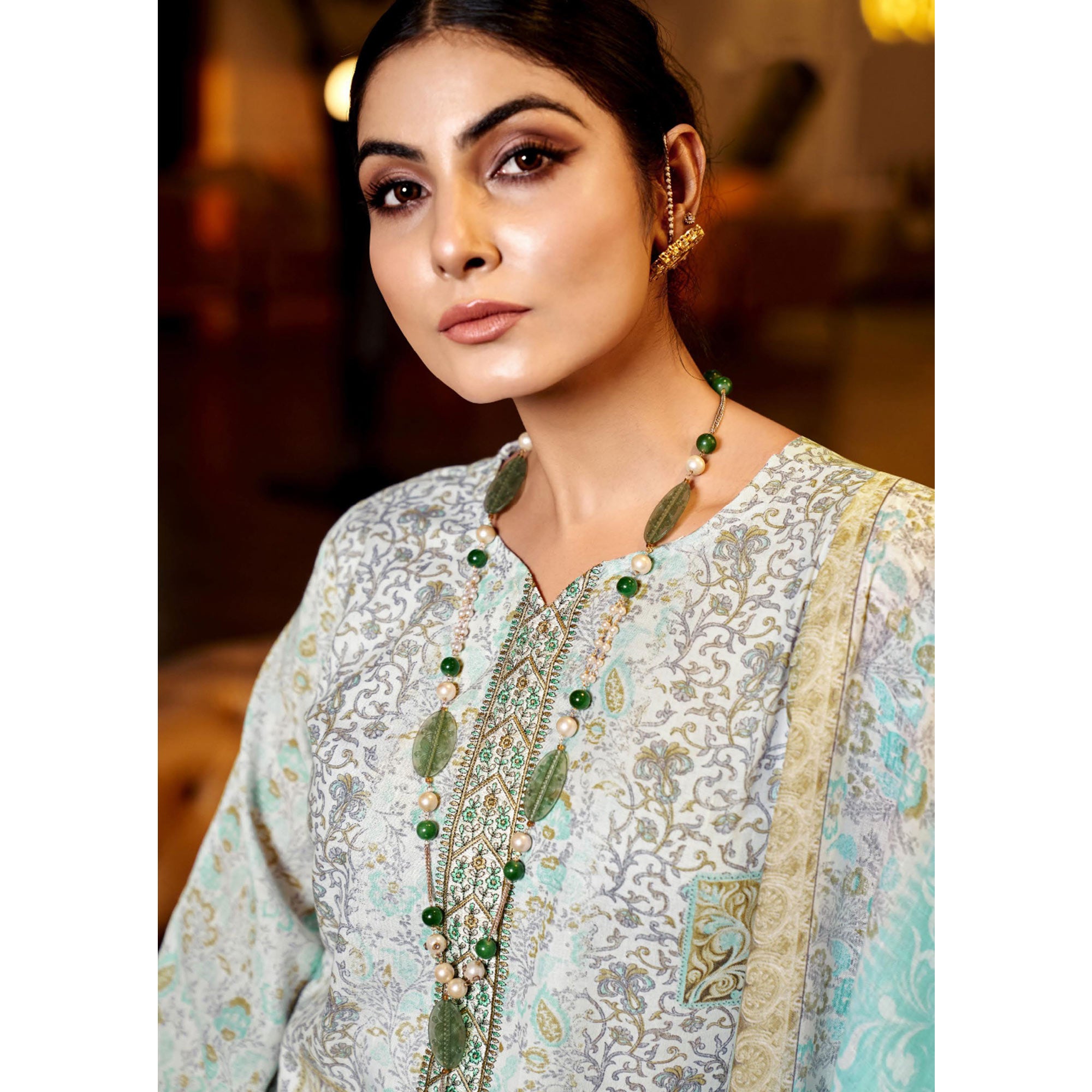 White & Aqua Blue Floral Print With Embroidered Pure Cotton Salwar Suit