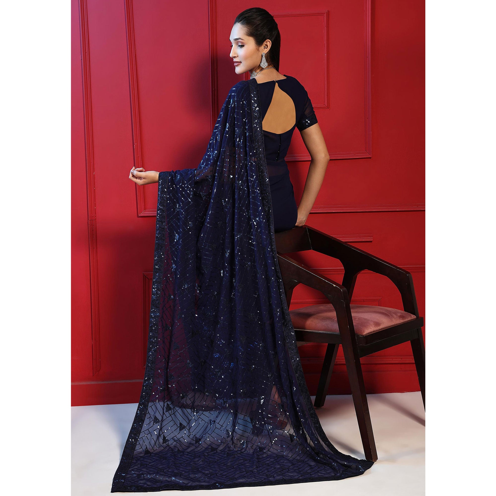 Blue Sequins Embroidered Georgette Saree