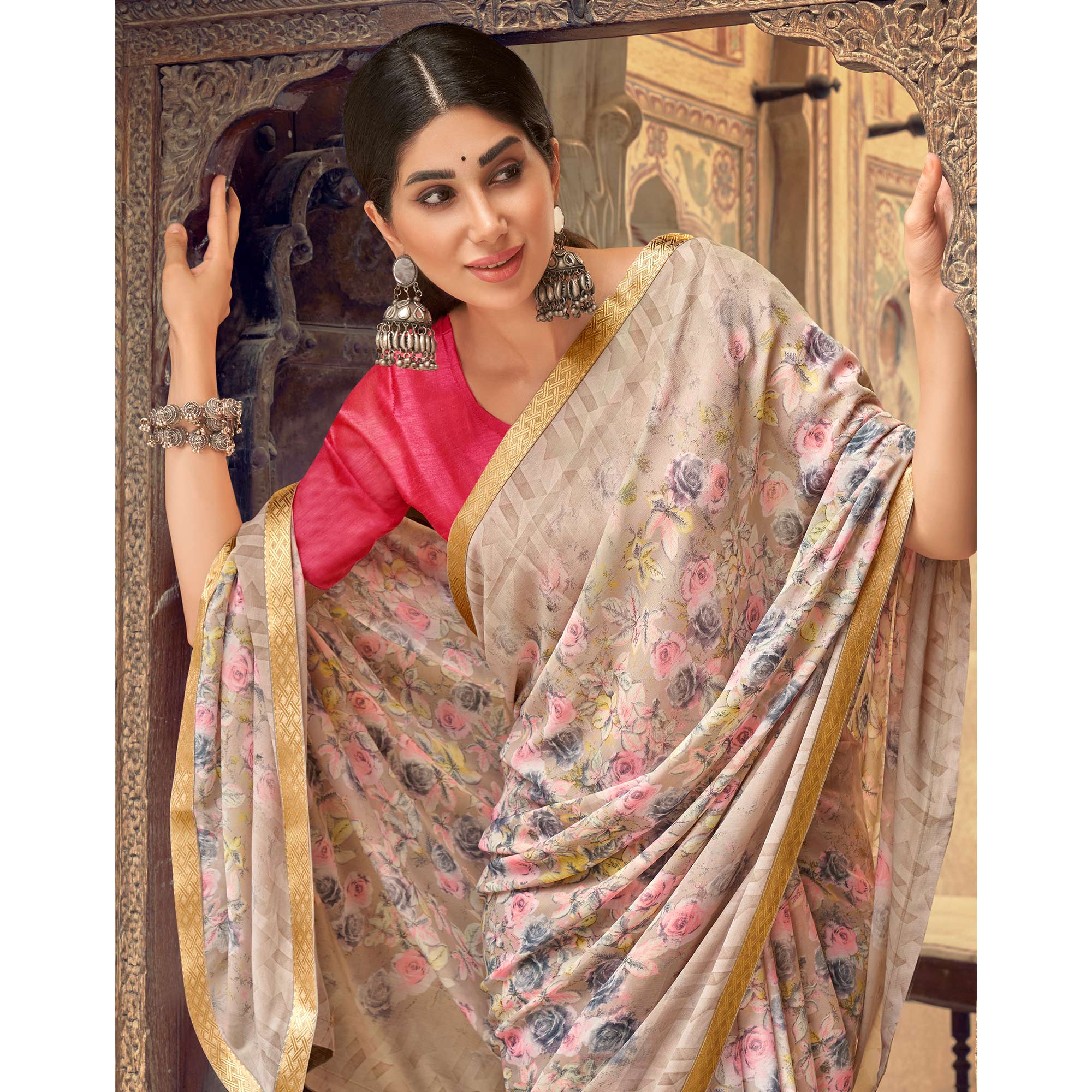 Beige Floral Printed Chiffon Saree