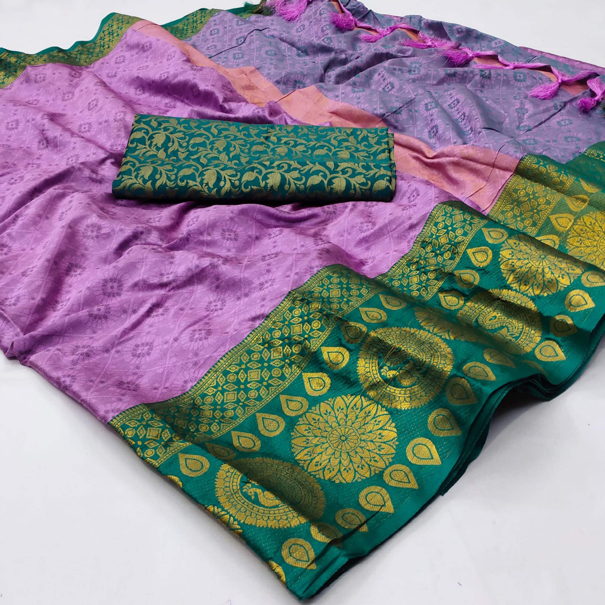 Lavender Woven Cotton Silk Saree With Tassels