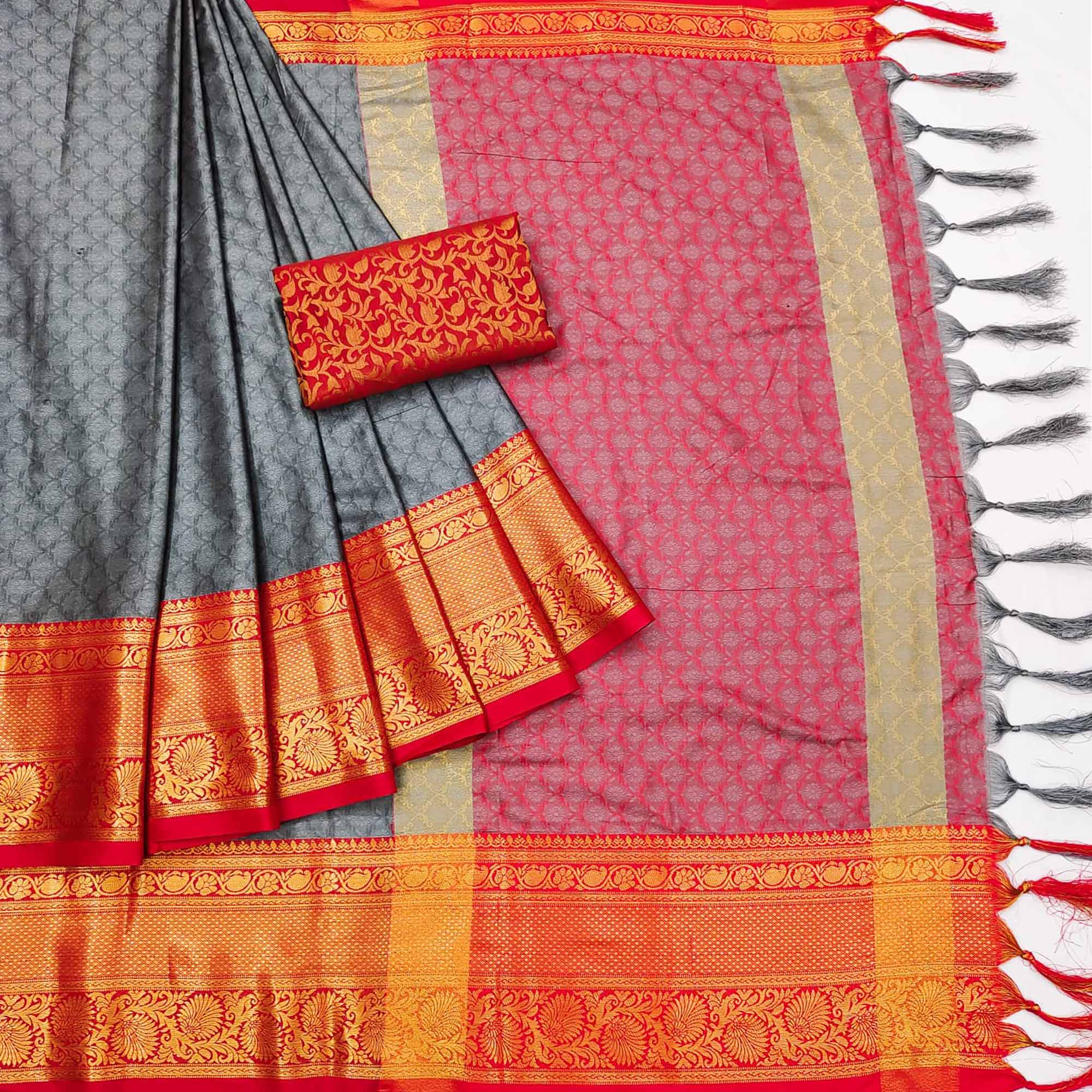 Grey Printed And Woven Cotton Silk Saree With Tassels