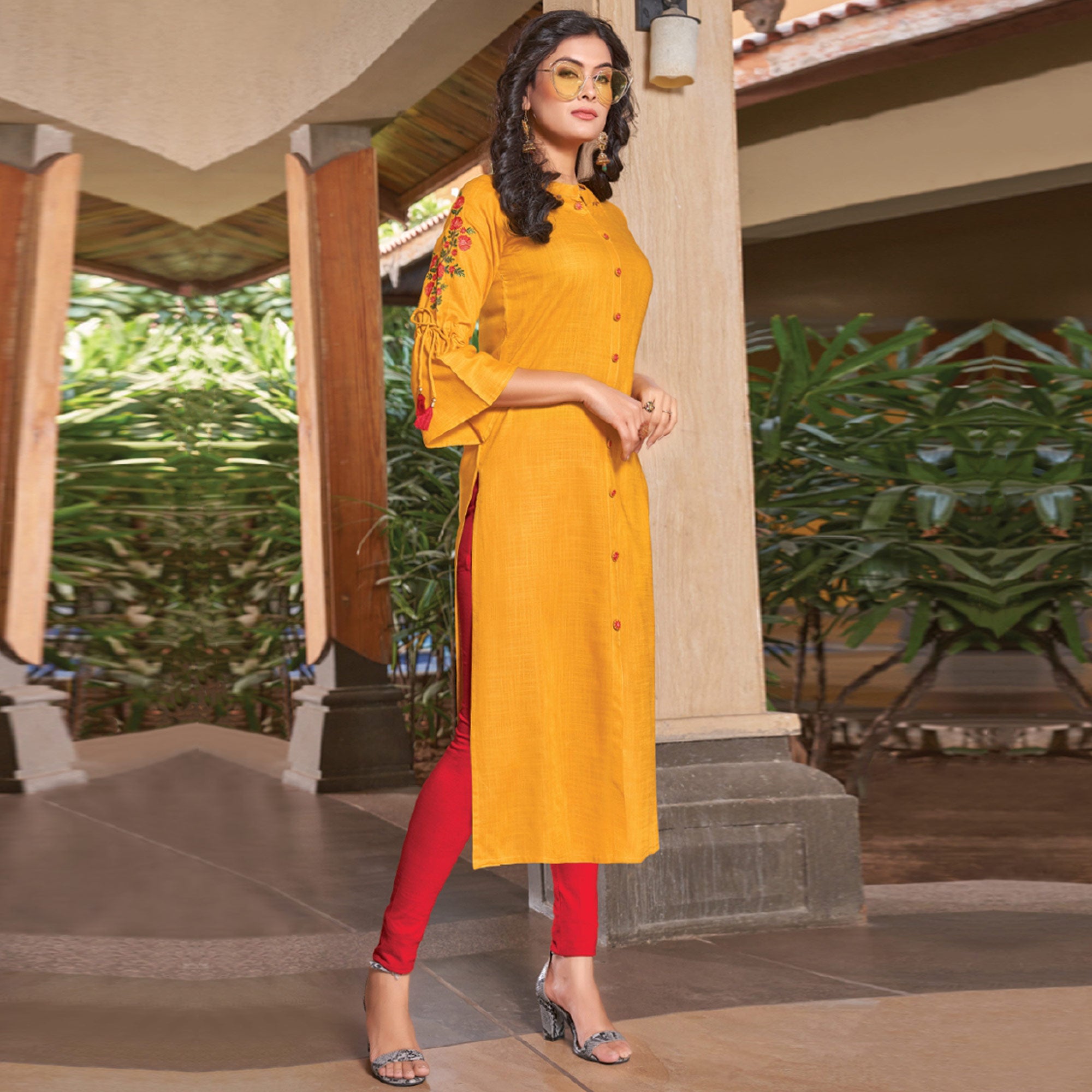 Mustard Floral Embroidered Rayon Kurti