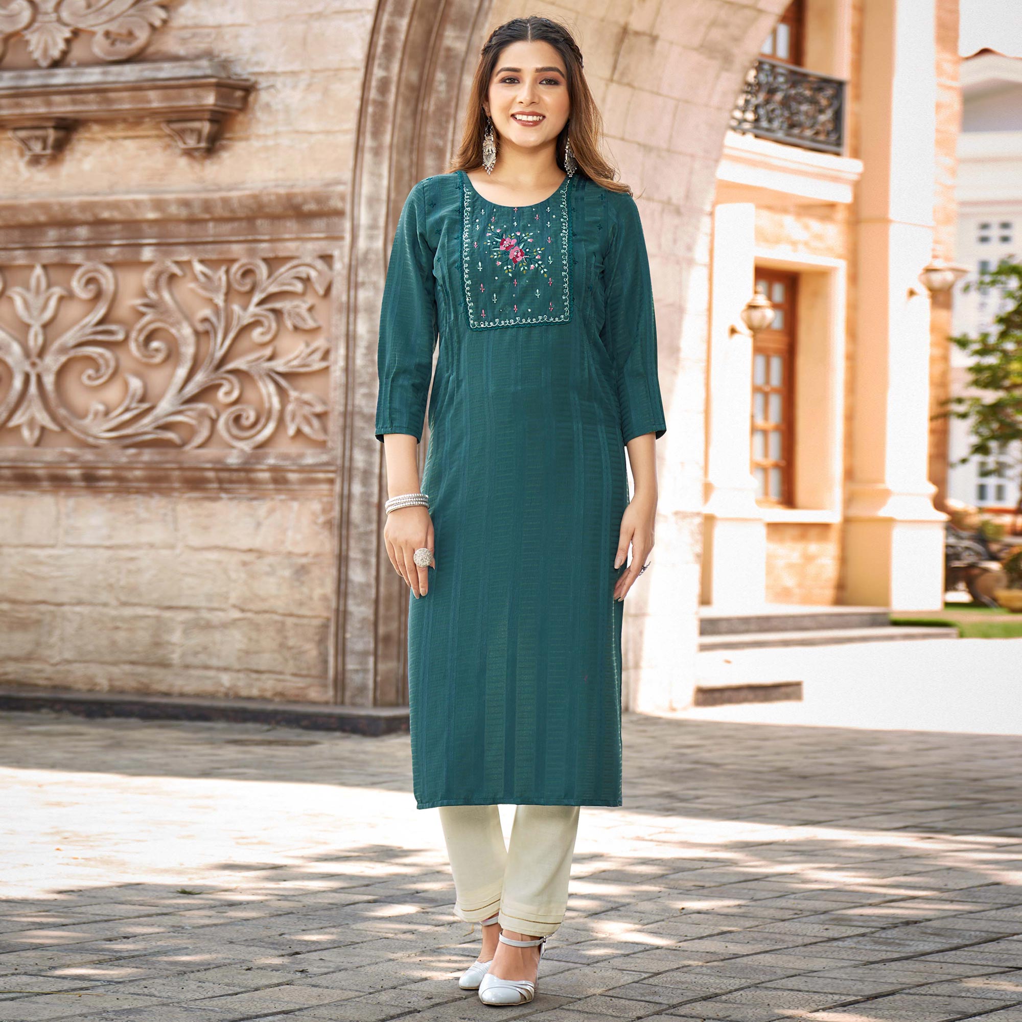 Teal Blue Embroidered Rayon Kurti