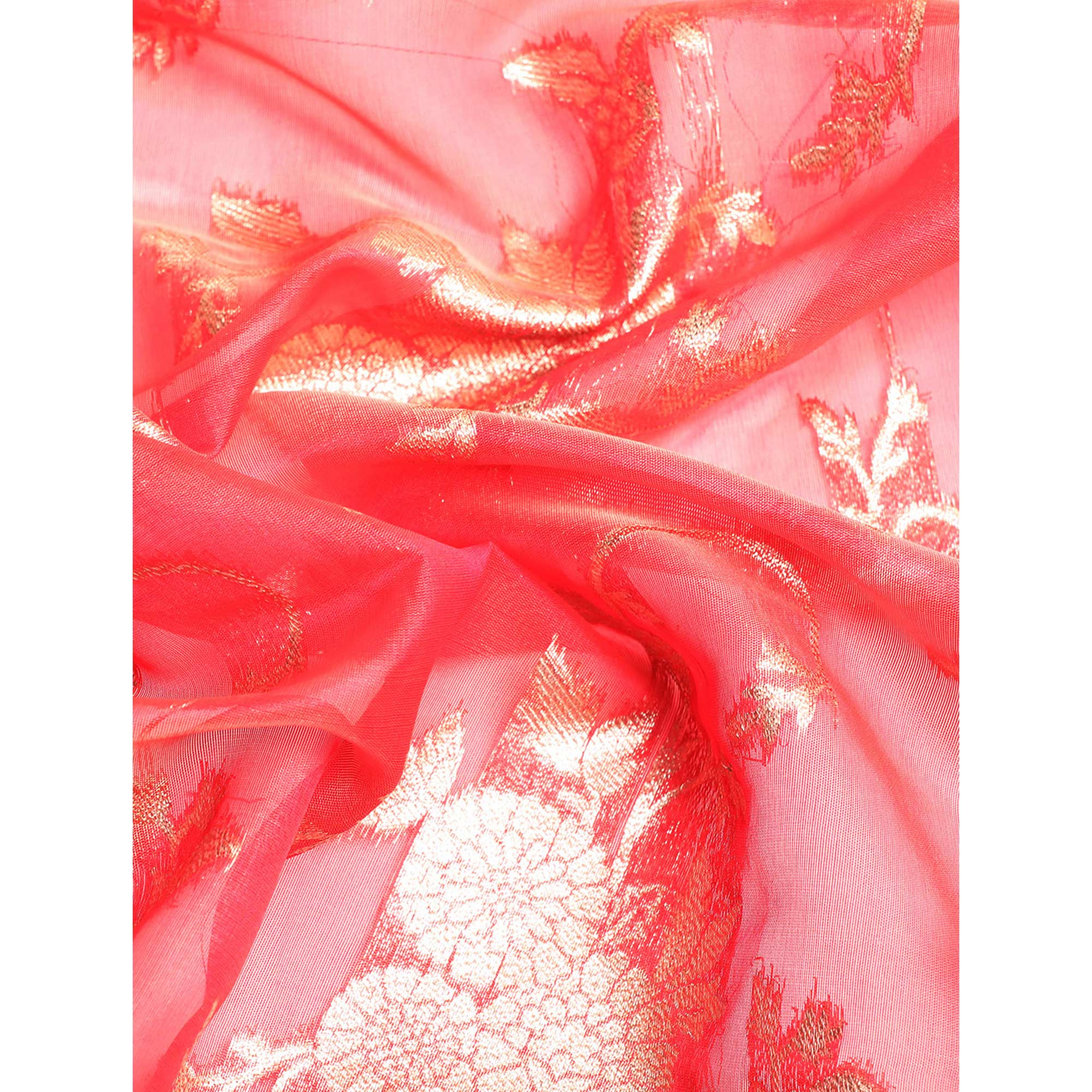 Pink Floral Woven Organza Silk Saree With Tassels