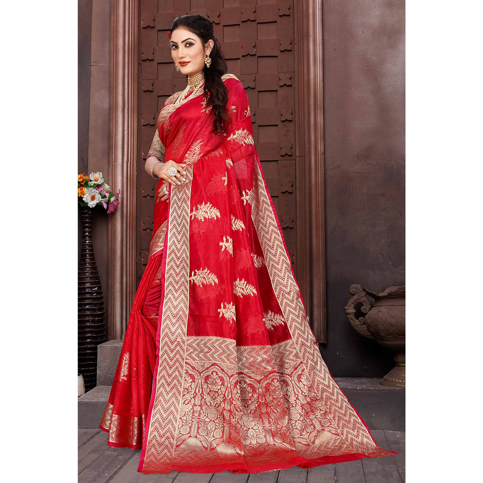 Red Floral Woven Organza Saree