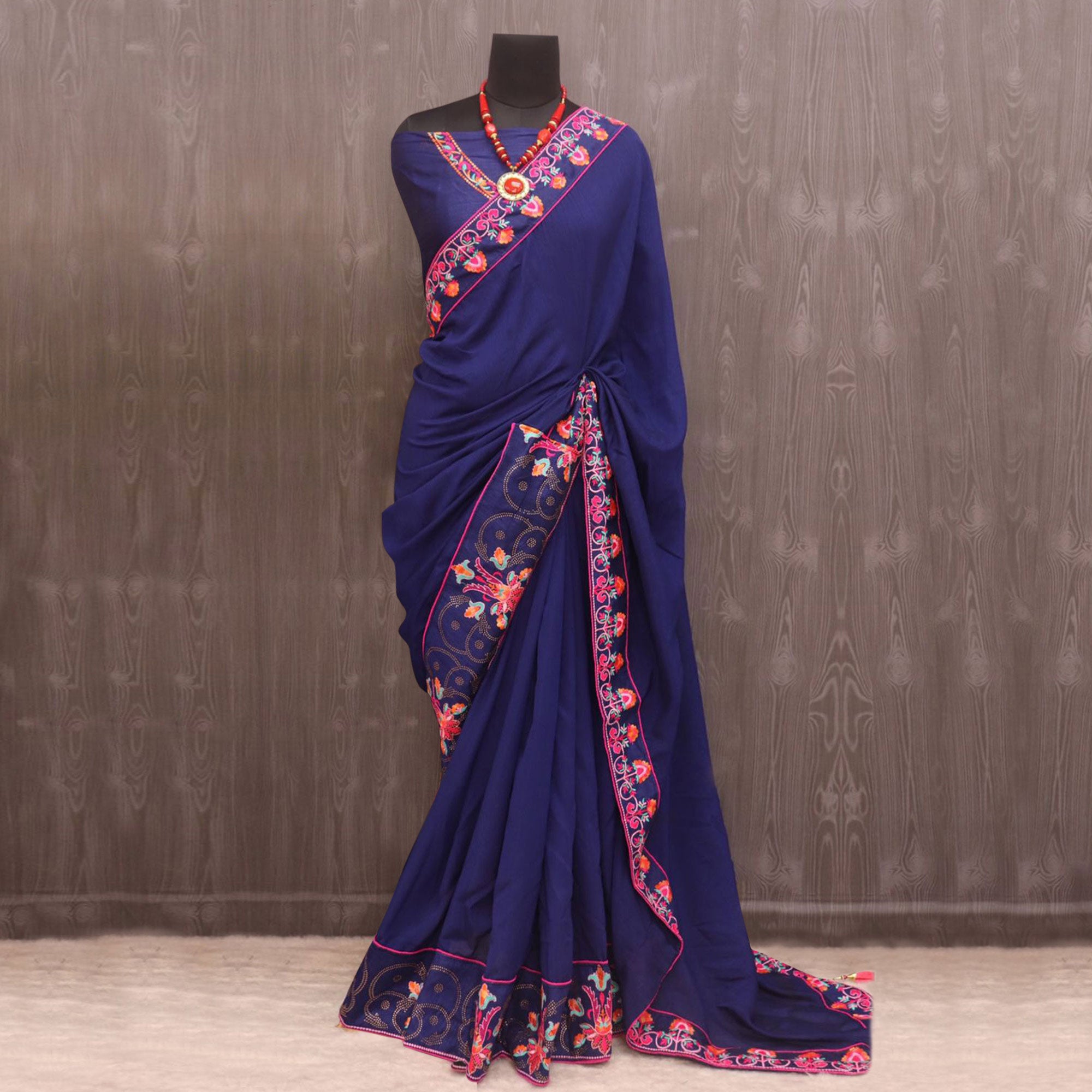 Blue Floral Embroidered Vichitra Silk Saree