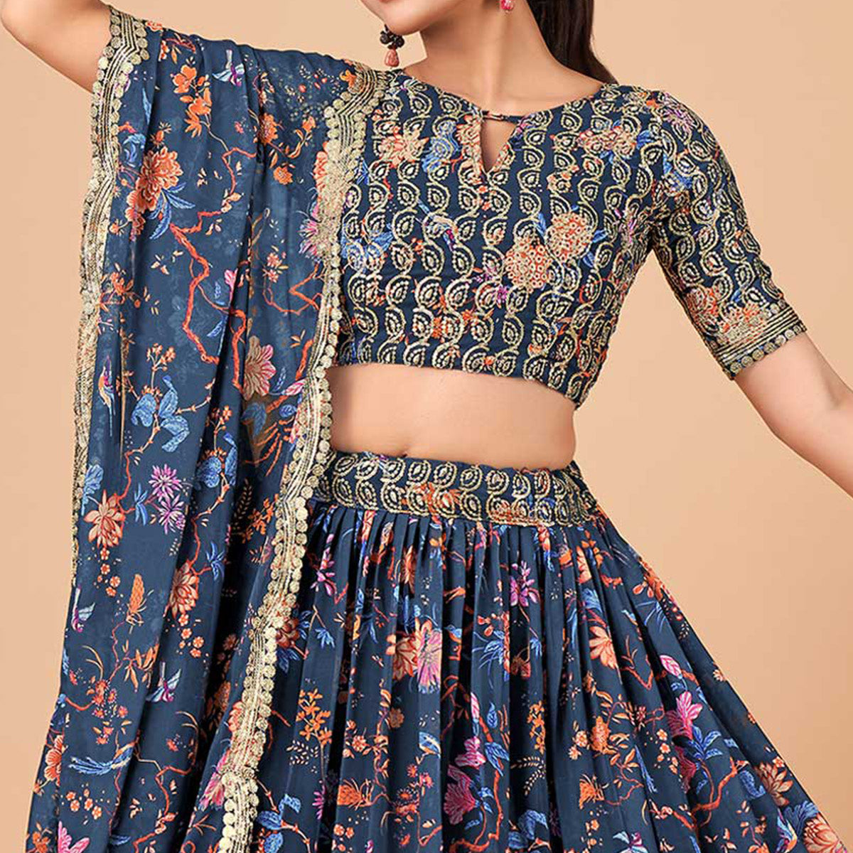 Blue Floral Printed And Sequins Work Georgette Lehenga Choli