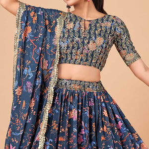 Blue Floral Printed And Sequins Work Georgette Lehenga Choli