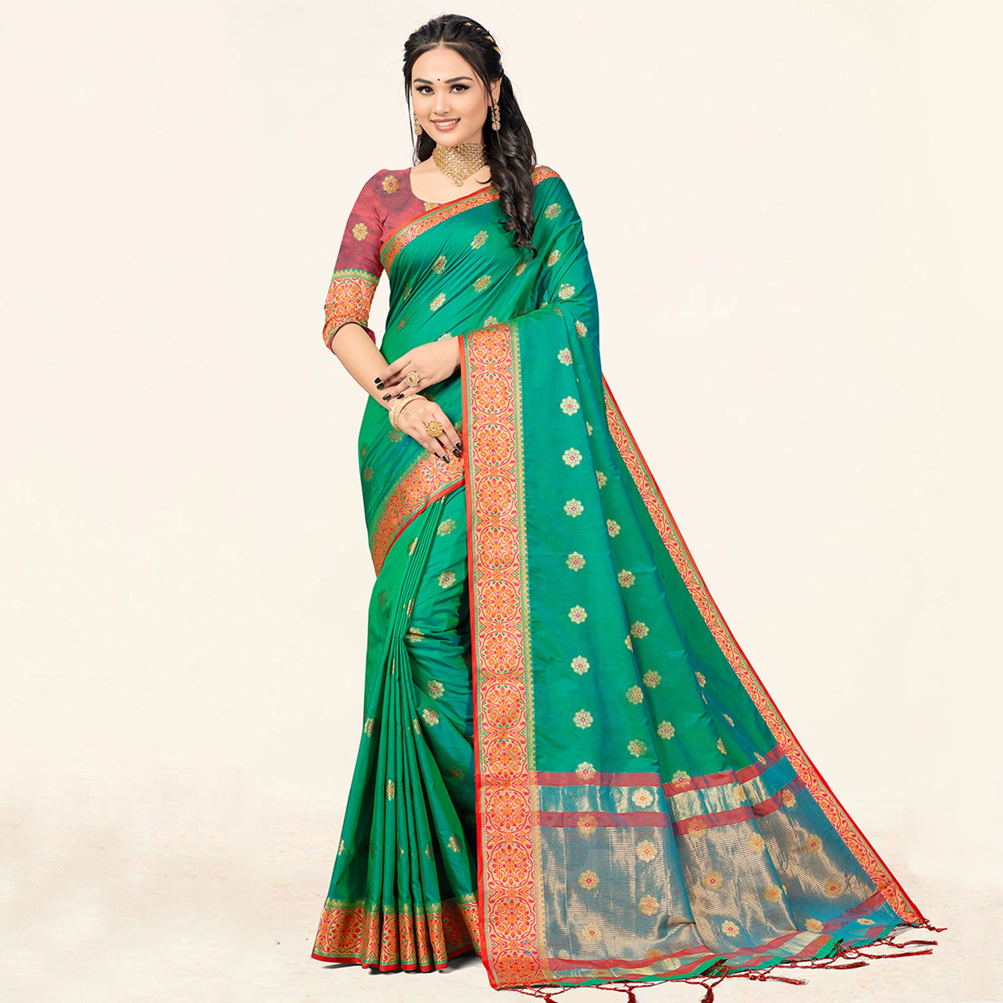 Sea Green Woven Art Silk Saree With Tassels