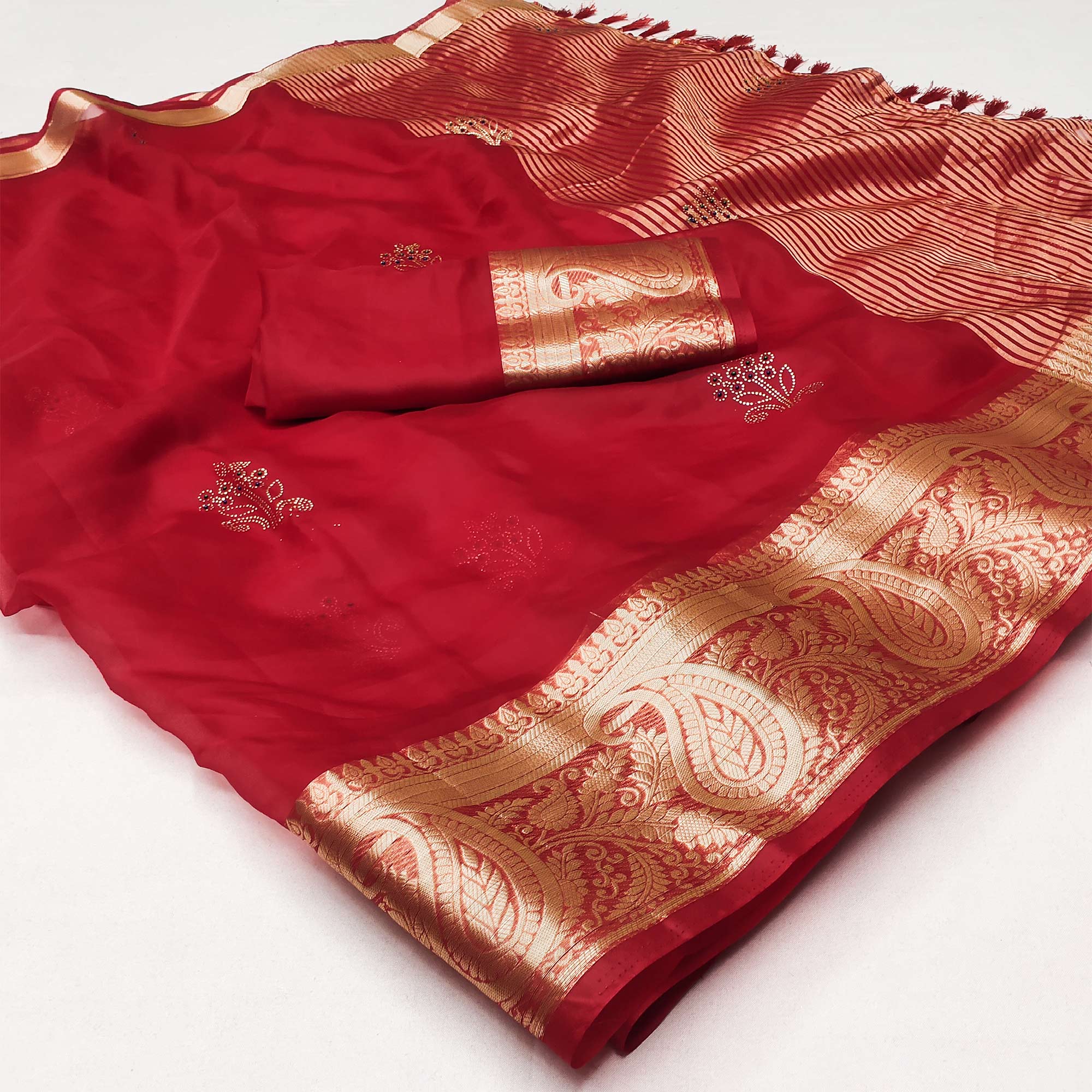 Red Floral Foil With Woven Border Organza Saree