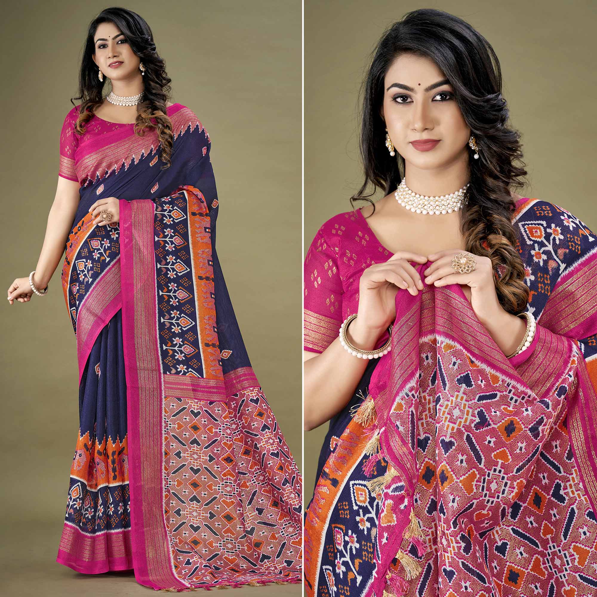 Navy Blue Printed Jute Patola Saree