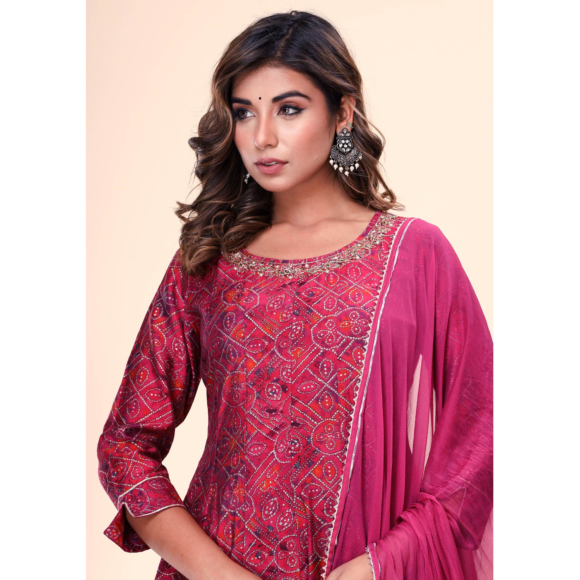 Pink Bandhani Printed And Gota Work Muslin Anarkali Suit