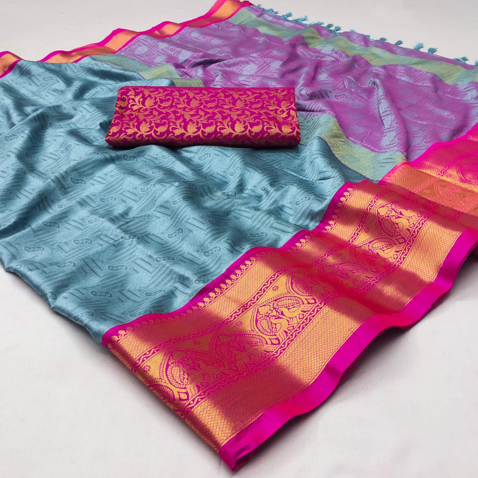 Blue Woven Cotton Silk Saree With Tassels