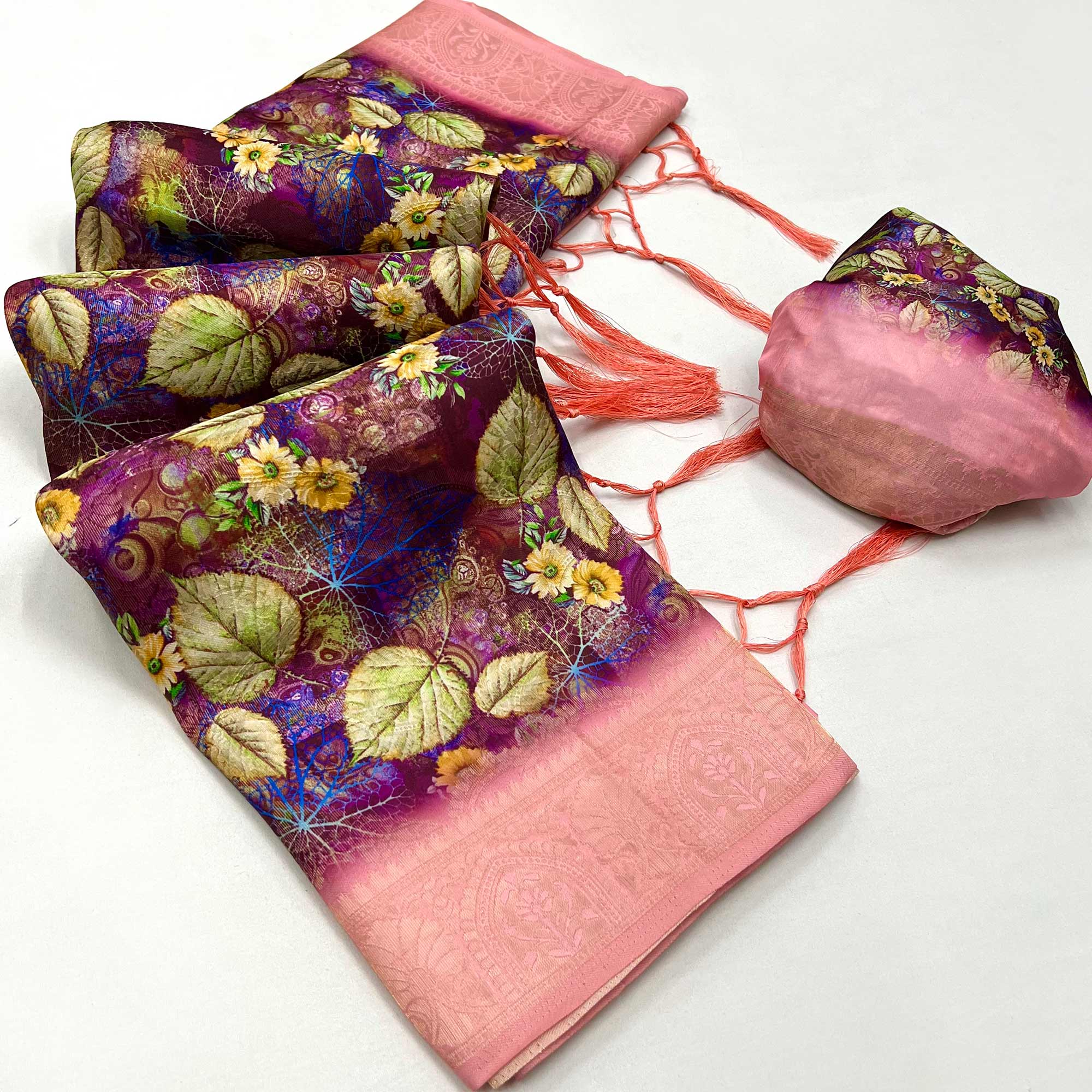 Purple & PInk Floral Digital Printed Jacquard Saree