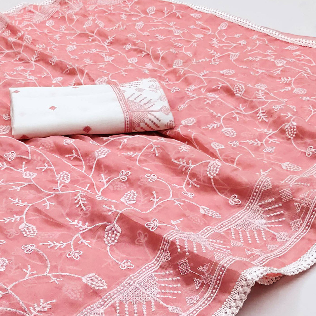 Peach Lucknowi Work Organza Saree