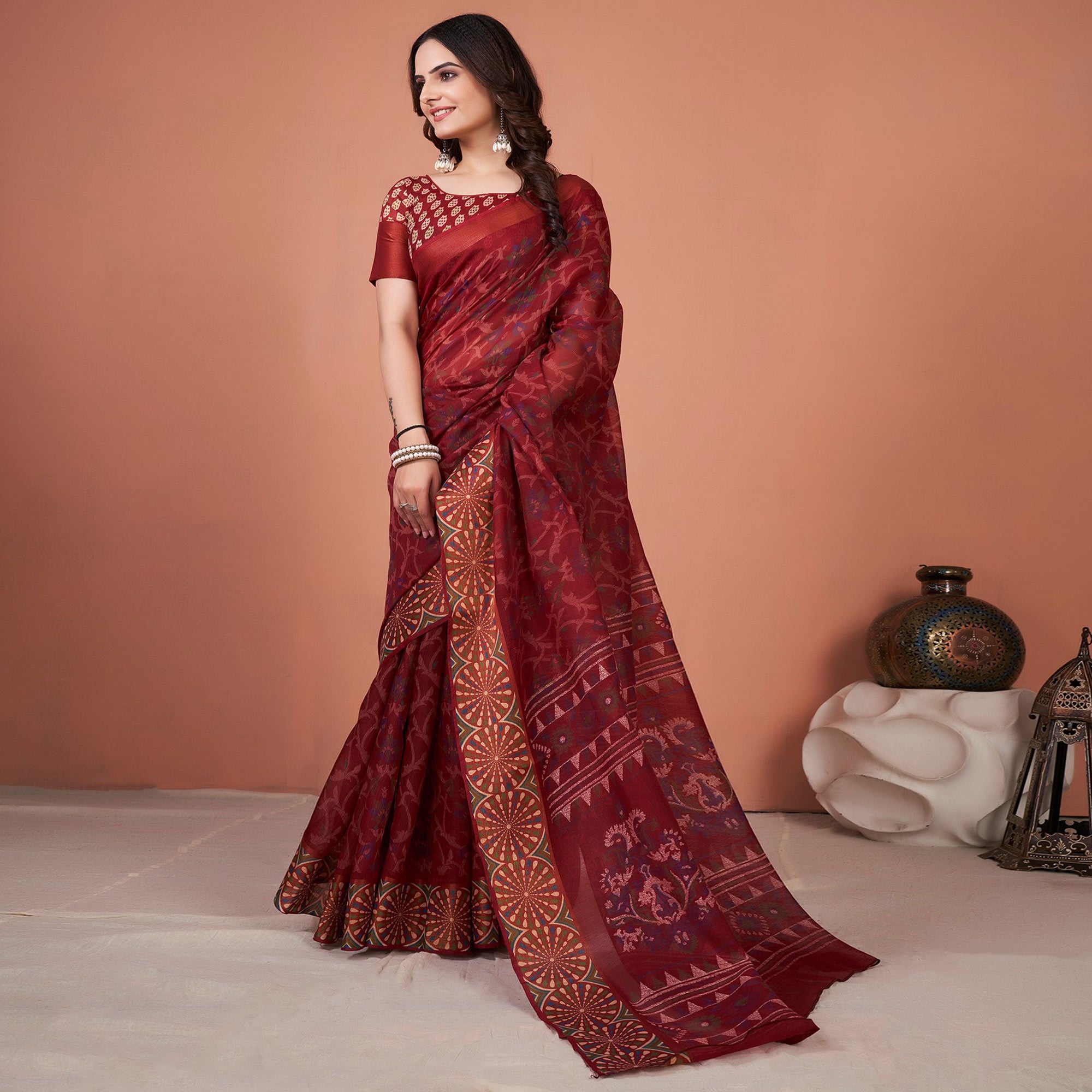 Maroon Printed Cotton Saree With Tassels