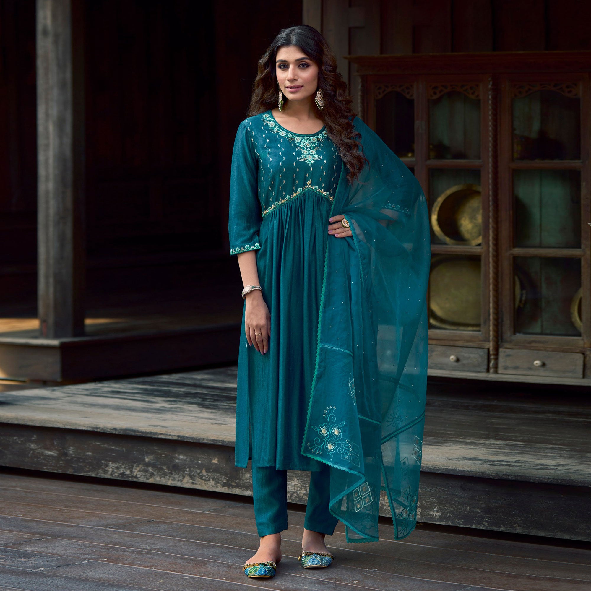 Teal Blue Floral Embroidered Art Silk Naira Cut Suit