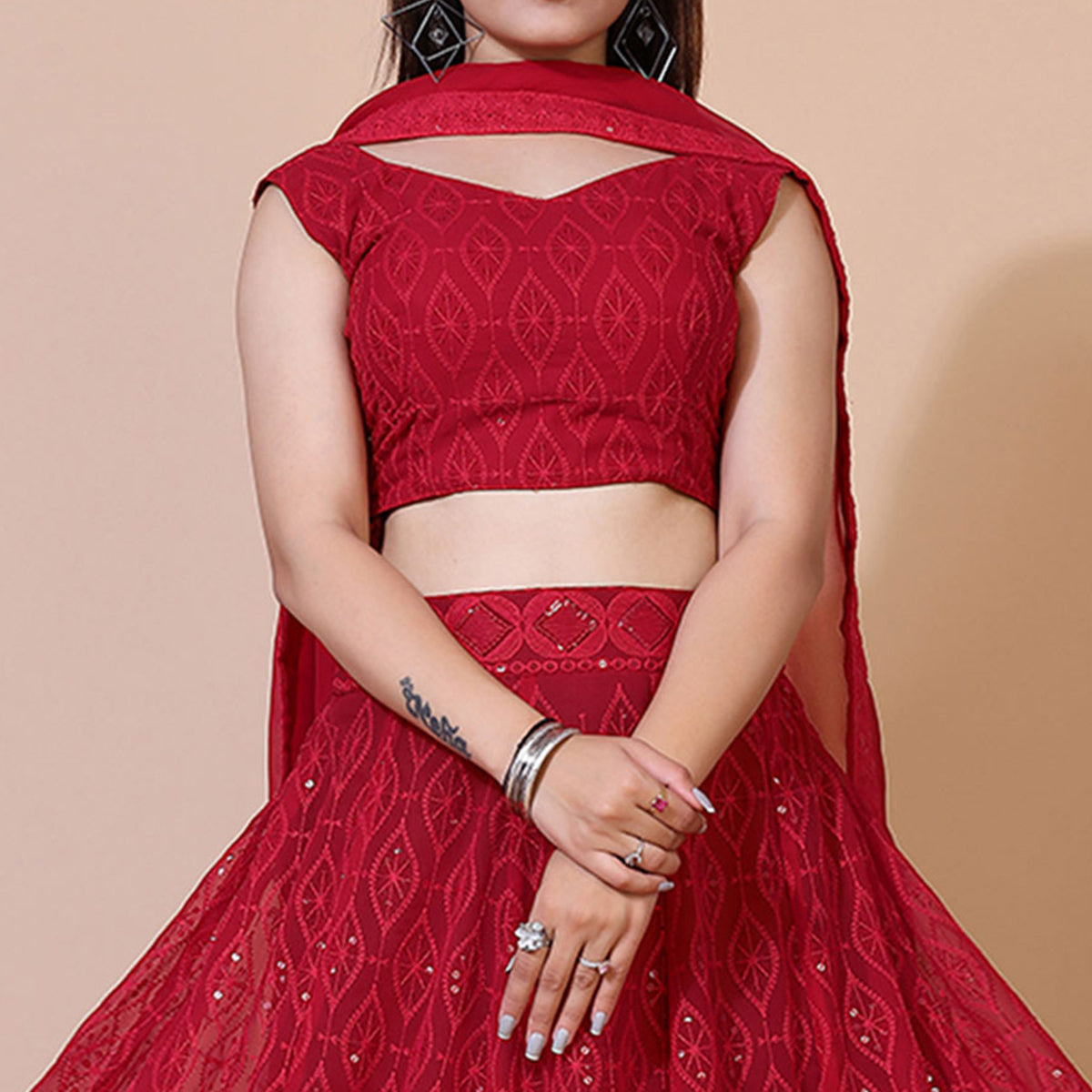 Dark Red Lucknowi Chikankari Work Georgette Lehenga Choli