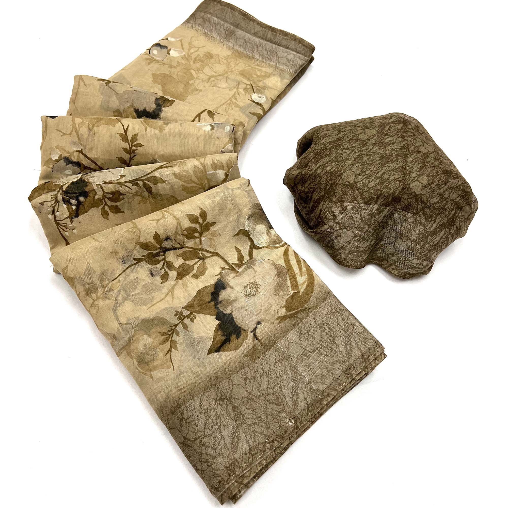 Chikoo Floral Printed Linen Saree