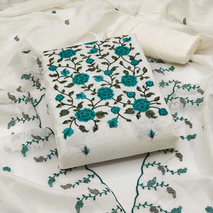 White Floral Sequins Embroidered Kota Doria Dress Material