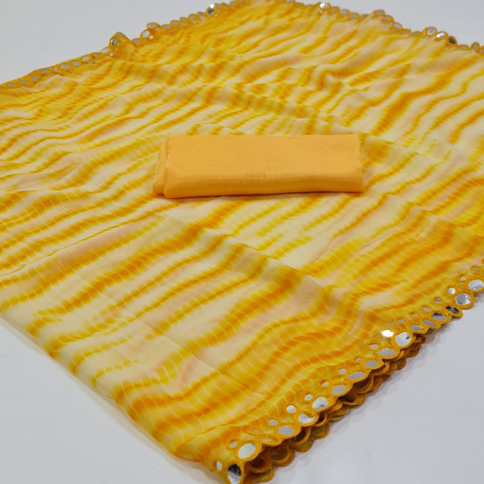 Yellow Printed With Fancy Mirror Georgette Saree