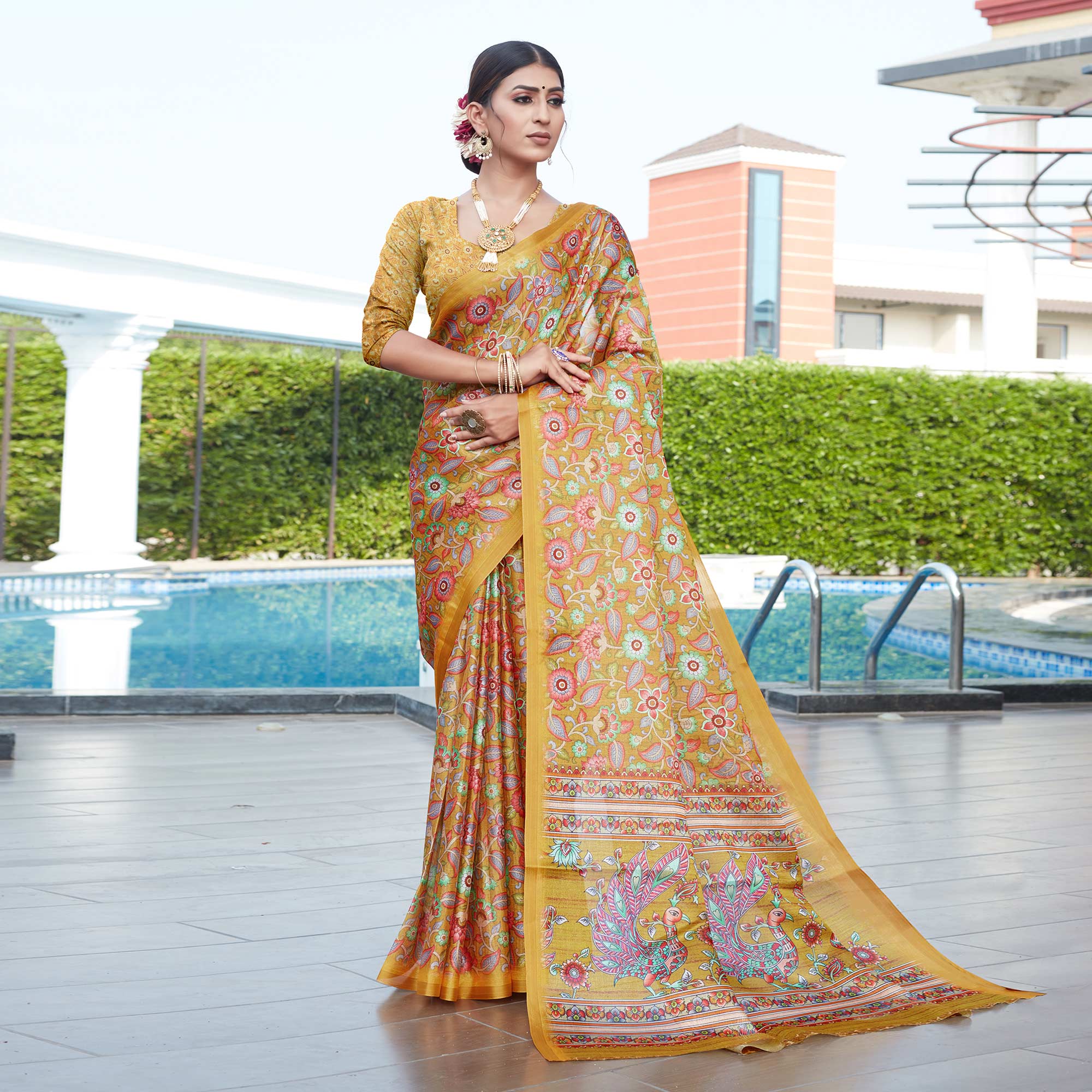 Mustard Floral Digital Printed Cotton Silk Saree