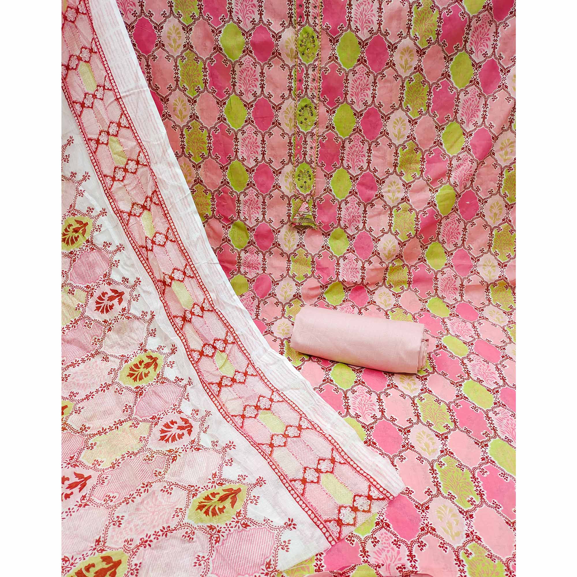 Pink Printed Pure Cotton Dress Material