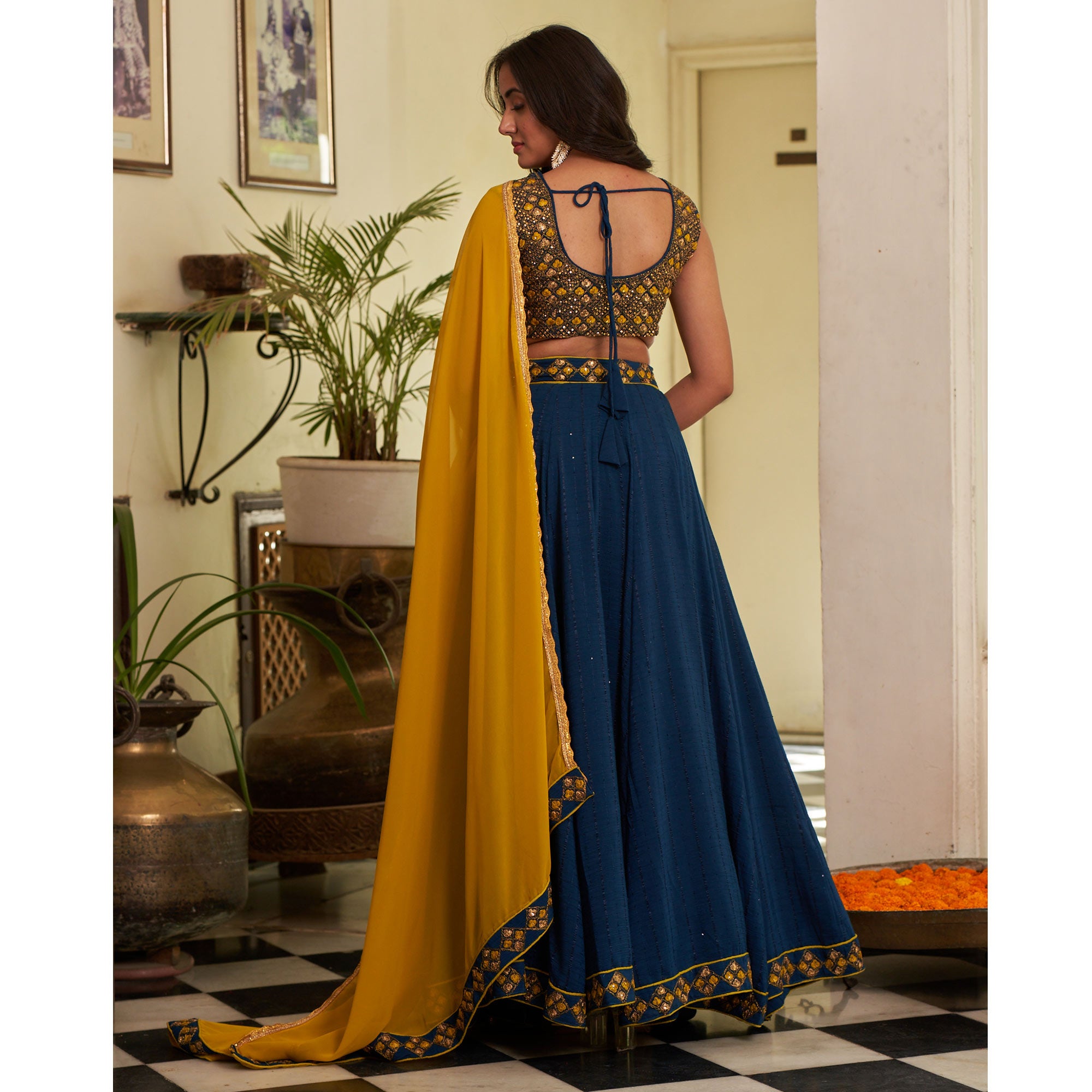 Blue Sequins Embroidered Chanderi Lehenga Choli