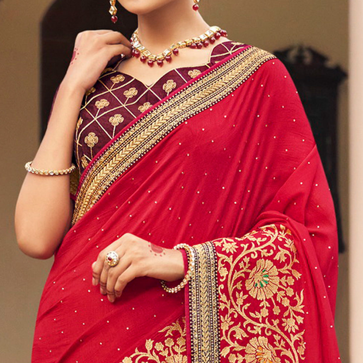 Red Embroidered With Stone Work Vichitra Silk Saree