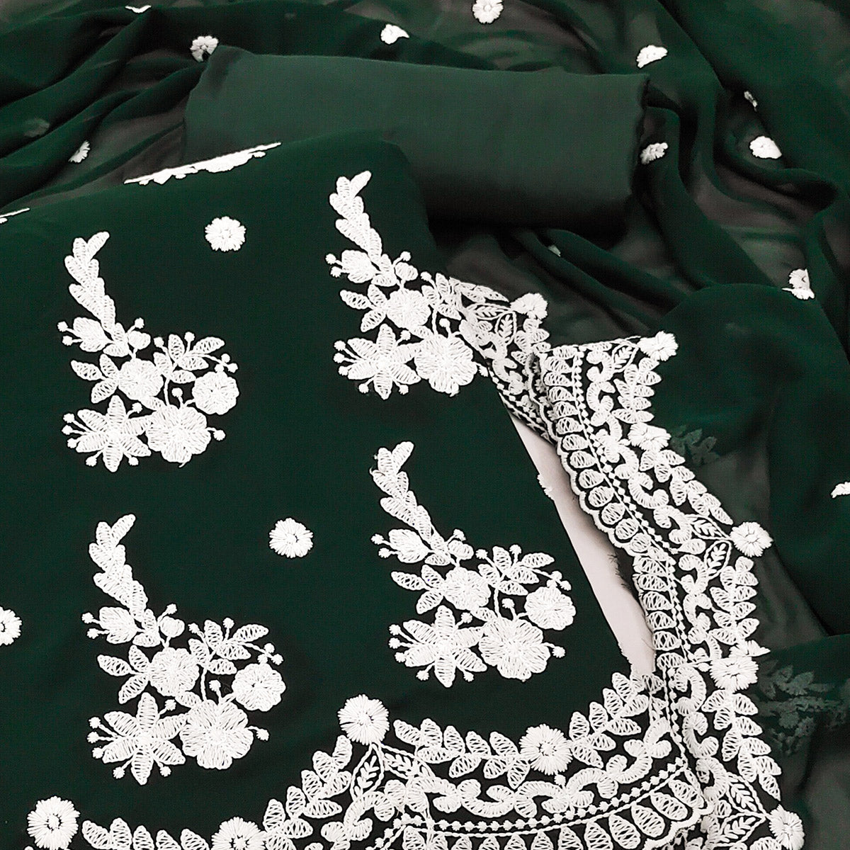 Bottle Green Floral Embroidered Georgette Dress Material