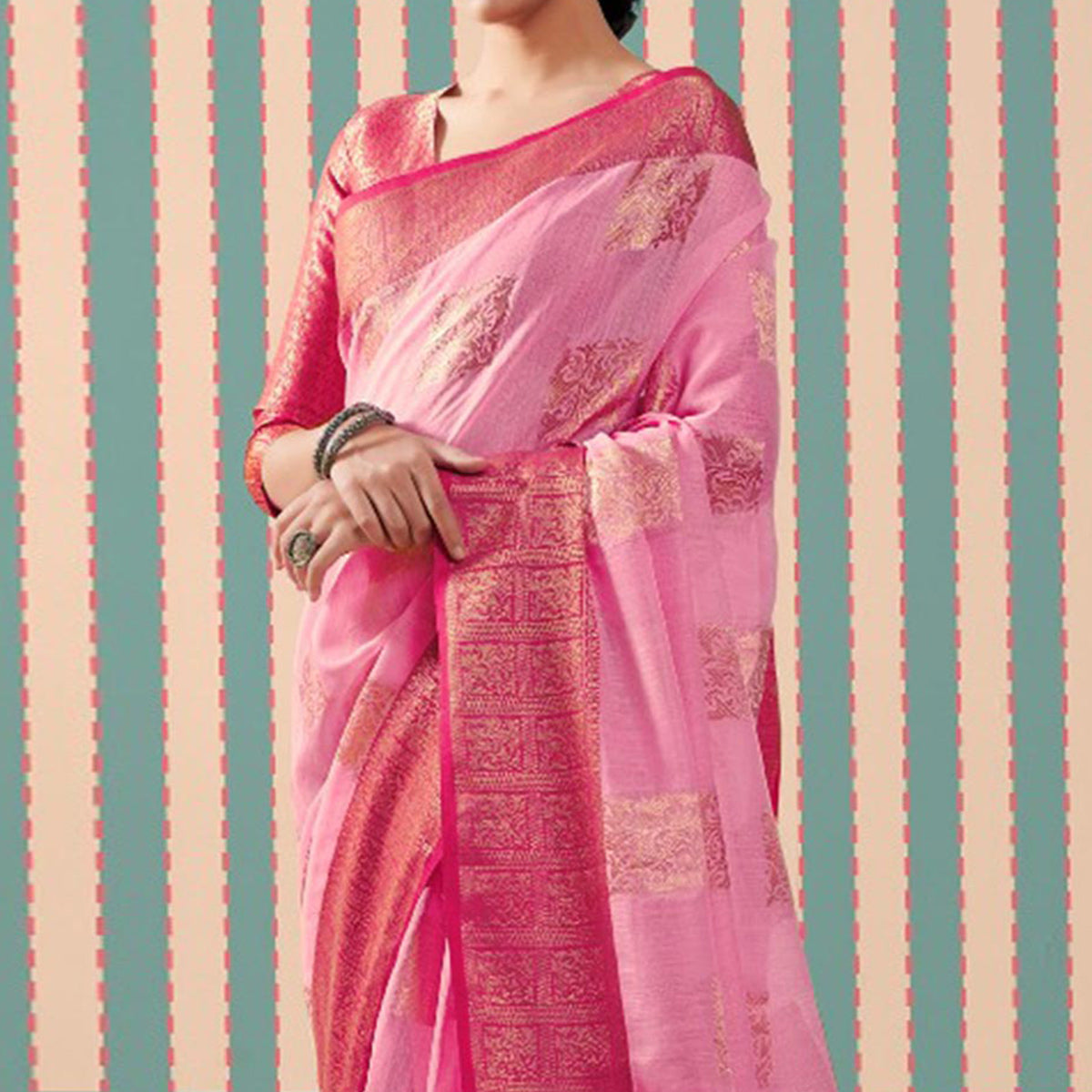 Pink Woven Linen Saree With Tassels