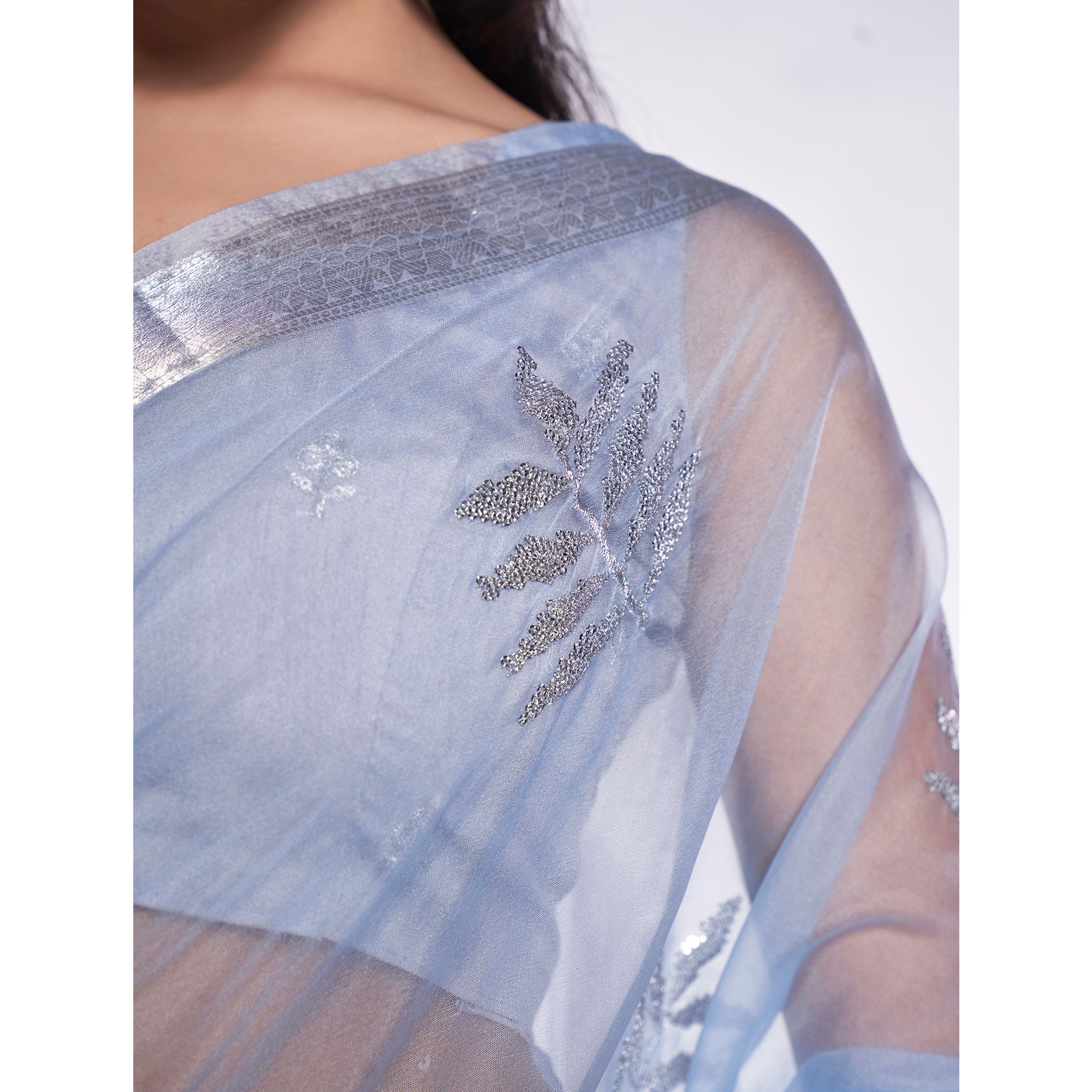 Blue Sequins Embroidered Organza Saree