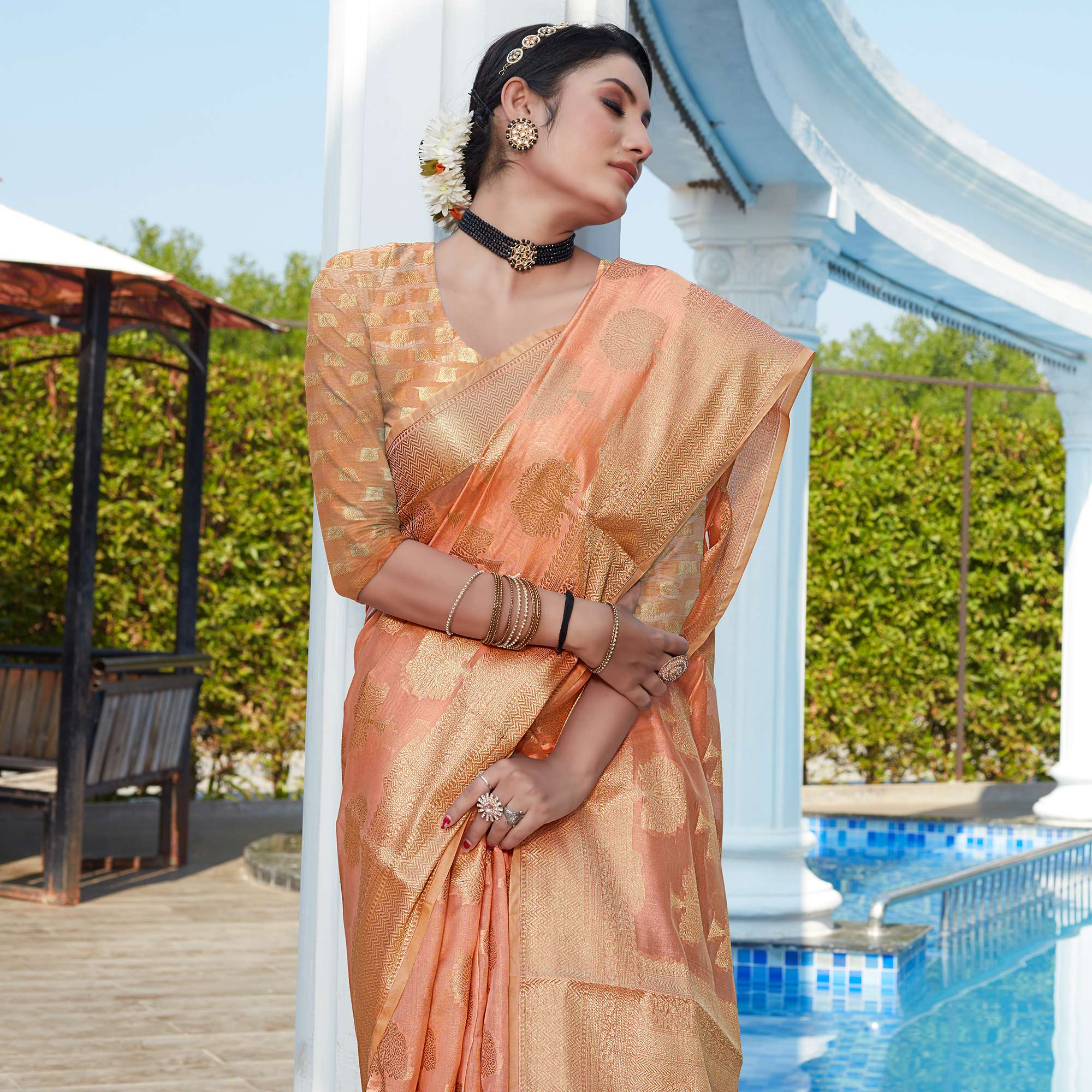 Peach Woven Organza Saree