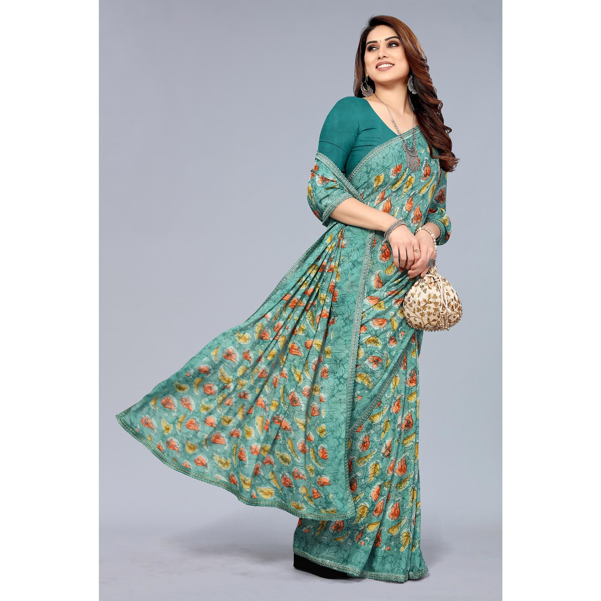 Rama Green Printed Georgette Saree With Crochet Border