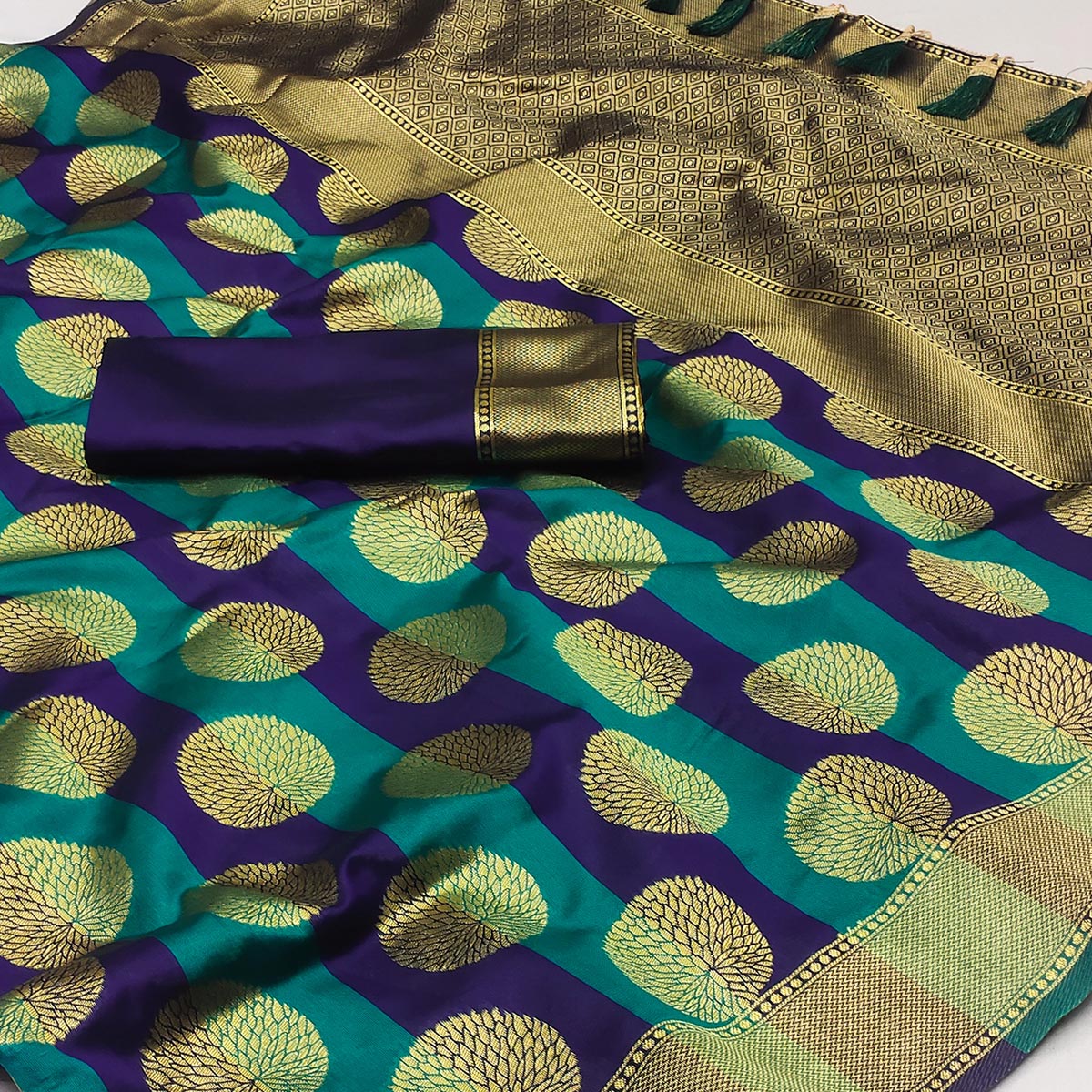Firozi And Navy Blue Woven Jacquard Saree With Tassels