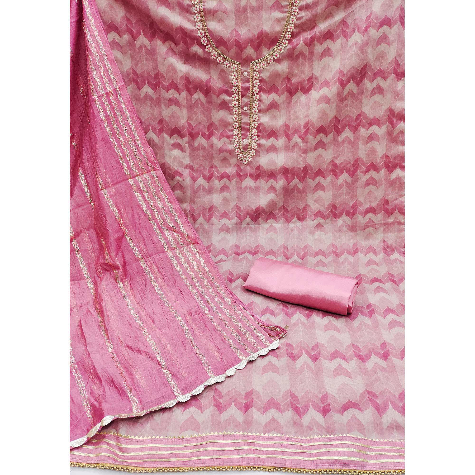Pink Printed With Handwork Modal Dress Material