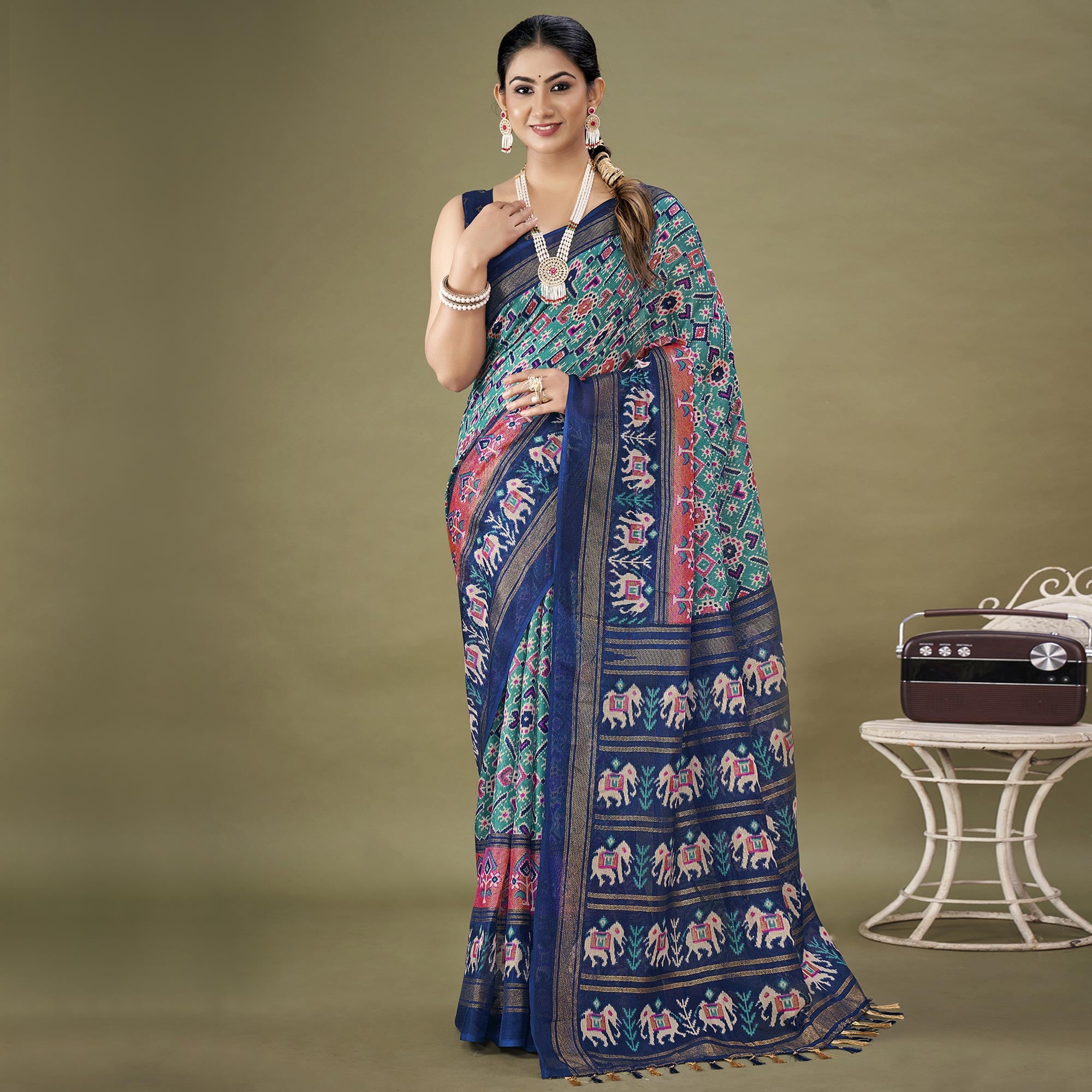 Blue Printed Jute Patola Saree