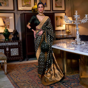 Black Woven Khadi Silk Saree With Tassels