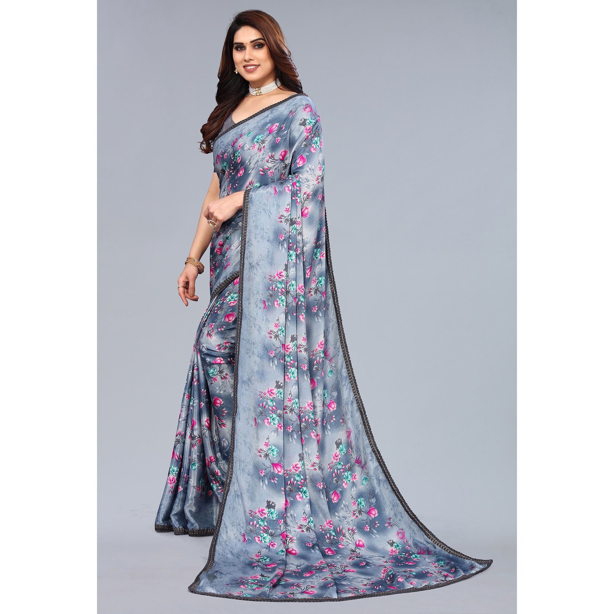 Grey Floral Printed Art Silk Saree With Crochet Border