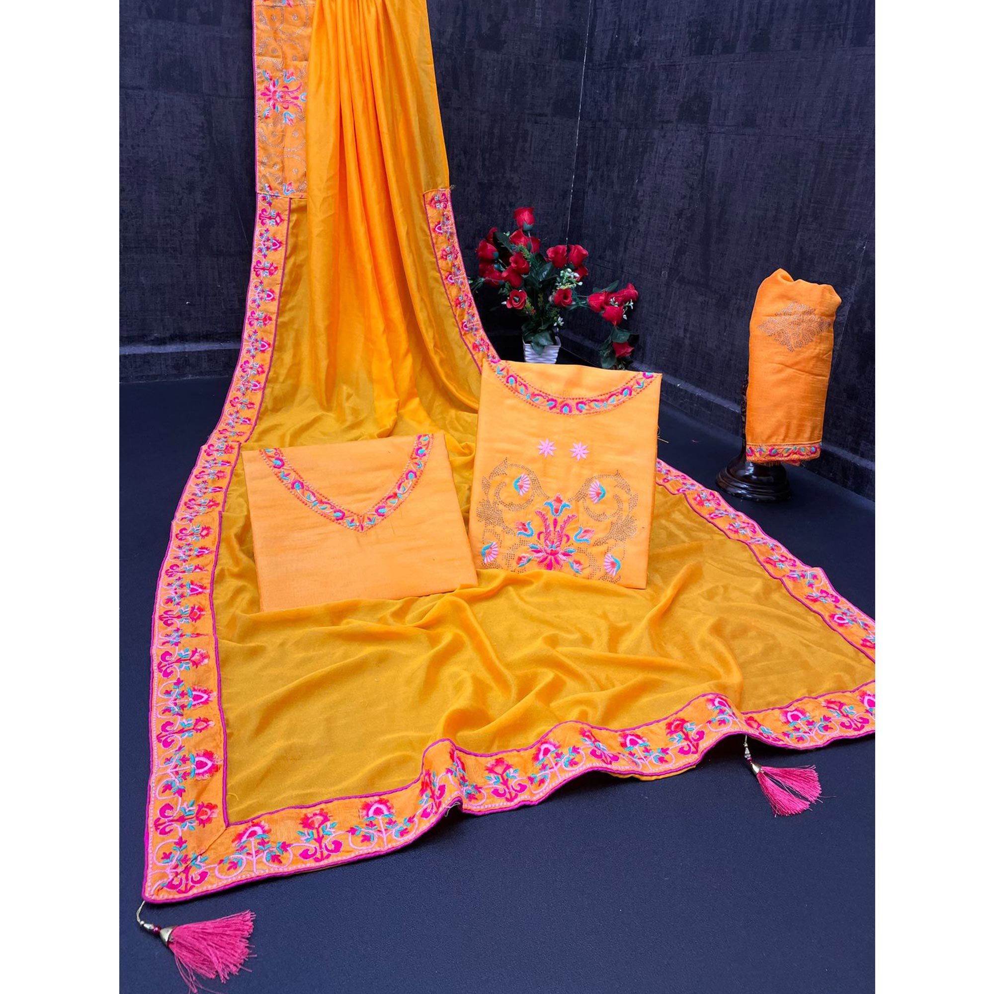 Yellow Floral Embroidered Vichitra Silk Saree